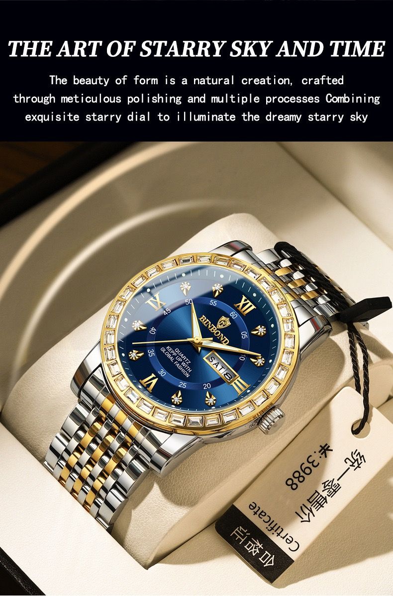 BINBOND Watch for Men B2202 2202 Steel Strap Quartz Wristwatches Luxury Jewelry Diamond Bracelet Mens Watches Relogio Masculino