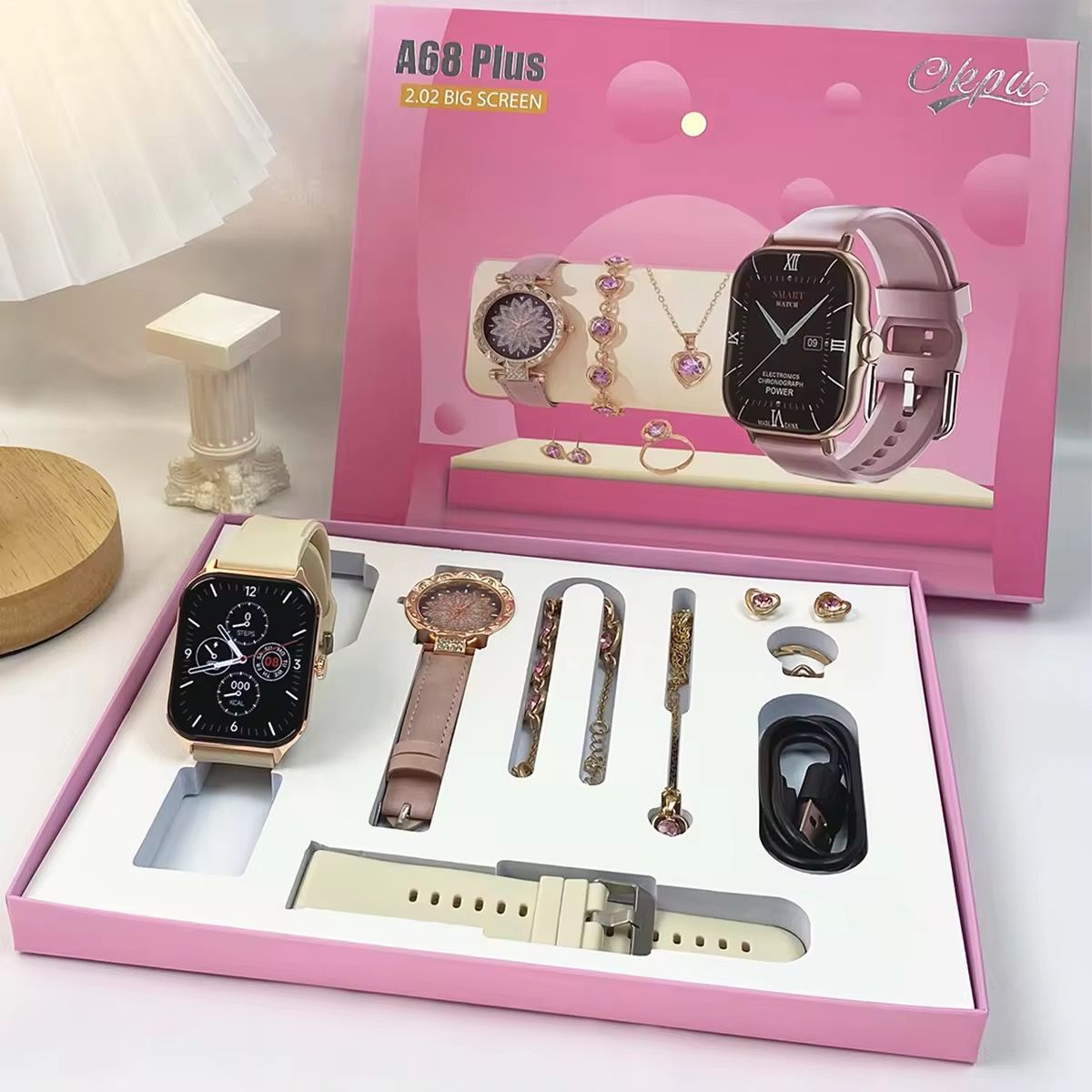 New A58 A68 Plus Women's Stainless Steel Smart Watch Gift Set with Diamond Set 8-in-1 Bluetooth Sports Watch Chronograph