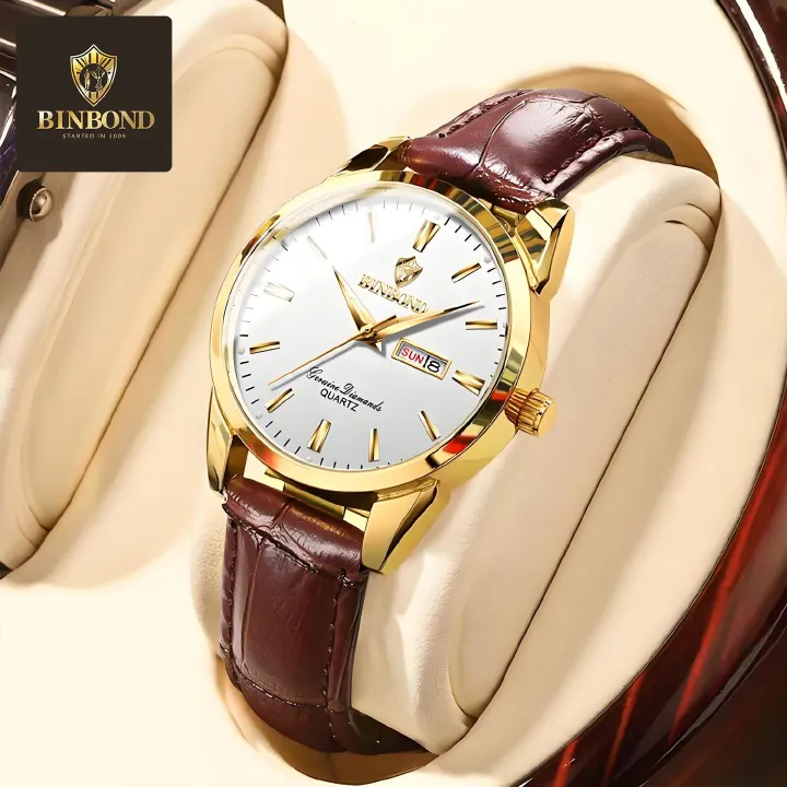 BINBOND B2238 2238 Watches Calendar Exquisite Genuine Leather Strap Couple Quartz Waterproof Business Men Women Wristwatches