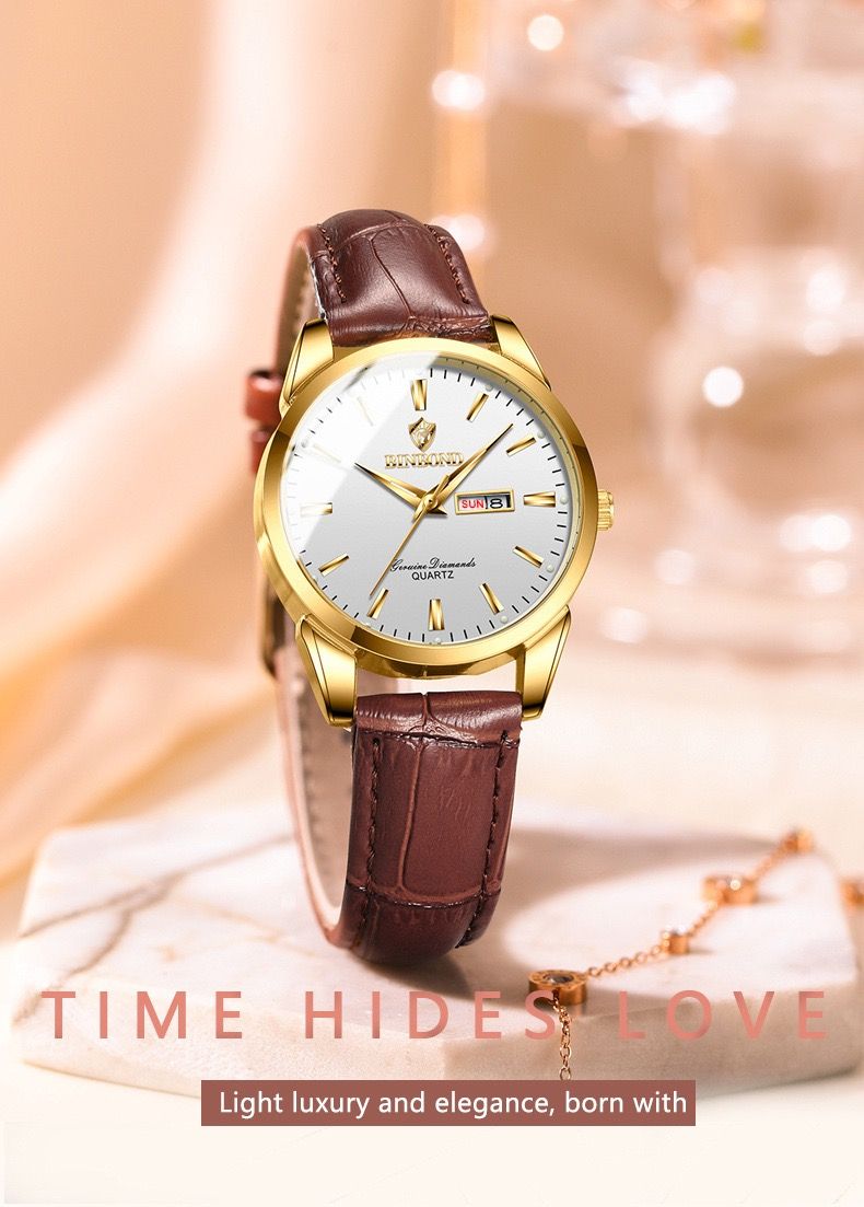 BINBOND B2238 2238 Watches Calendar Exquisite Genuine Leather Strap Couple Quartz Waterproof Business Men Women Wristwatches