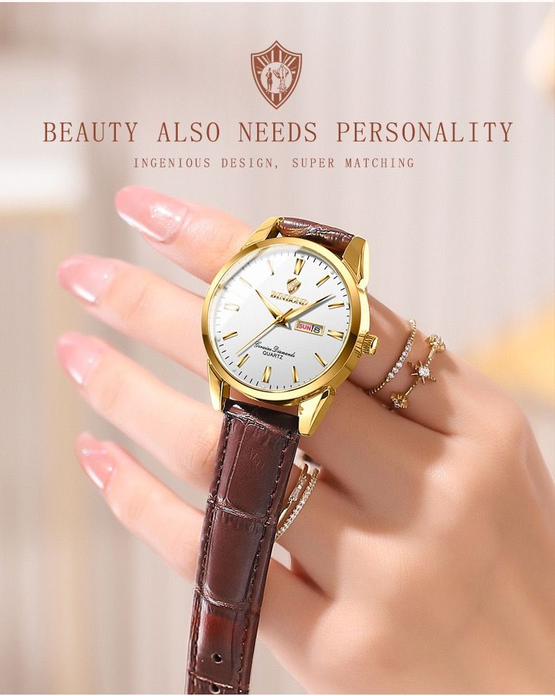 BINBOND B2238 2238 Watches Calendar Exquisite Genuine Leather Strap Couple Quartz Waterproof Business Men Women Wristwatches