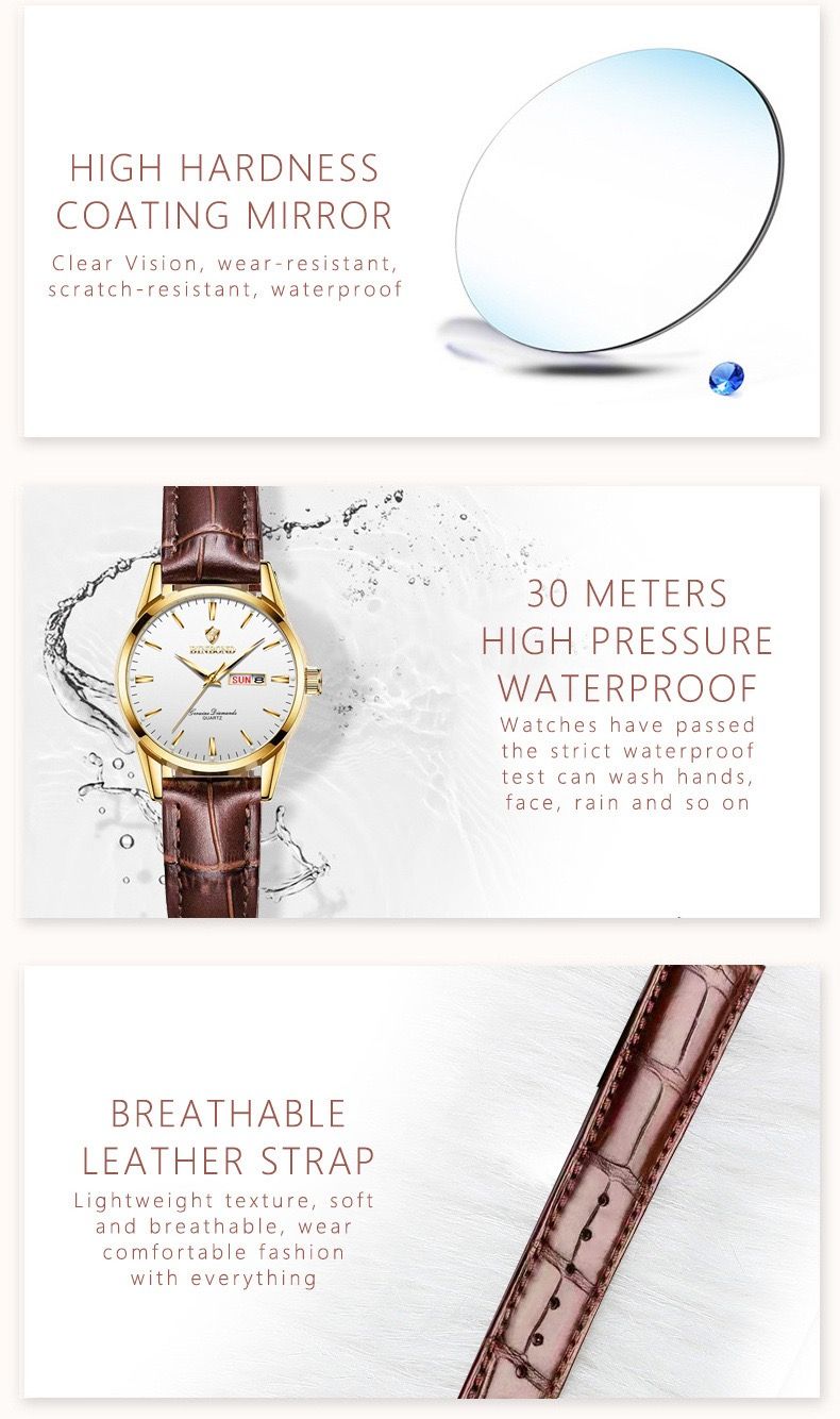 BINBOND B2238 2238 Watches Calendar Exquisite Genuine Leather Strap Couple Quartz Waterproof Business Men Women Wristwatches