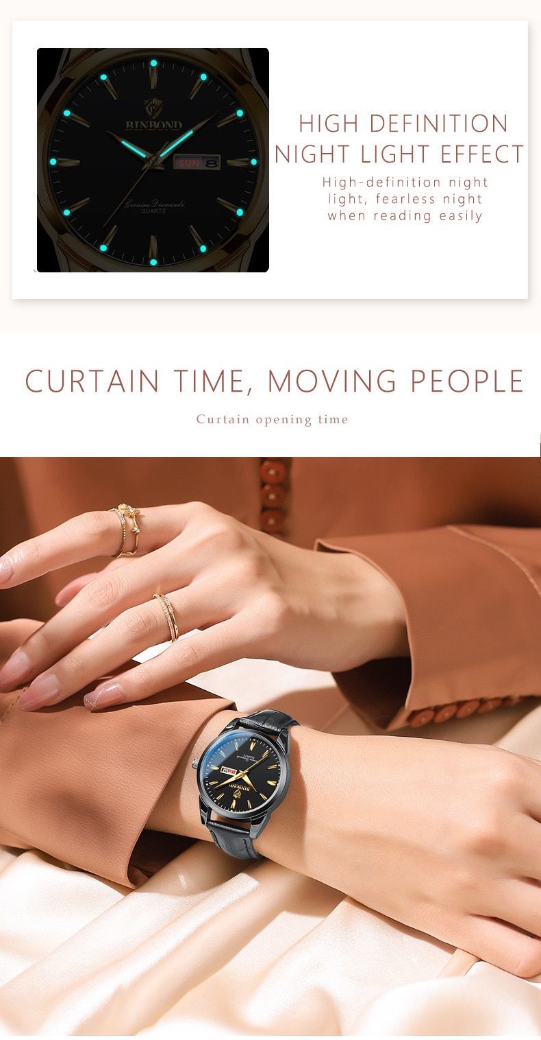 BINBOND B2238 2238 Watches Calendar Exquisite Genuine Leather Strap Couple Quartz Waterproof Business Men Women Wristwatches