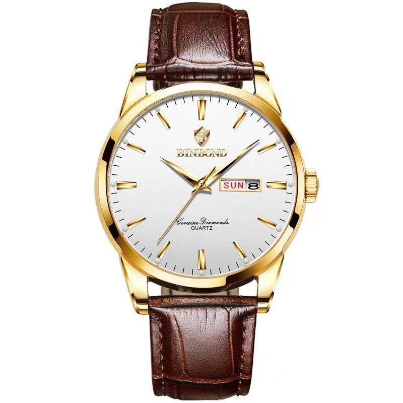 BINBOND B2238 2238 Watches Calendar Exquisite Genuine Leather Strap Couple Quartz Waterproof Business Men Women Wristwatches