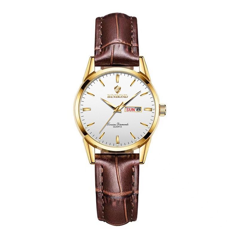 BINBOND B2238 2238 Watches Calendar Exquisite Genuine Leather Strap Couple Quartz Waterproof Business Men Women Wristwatches