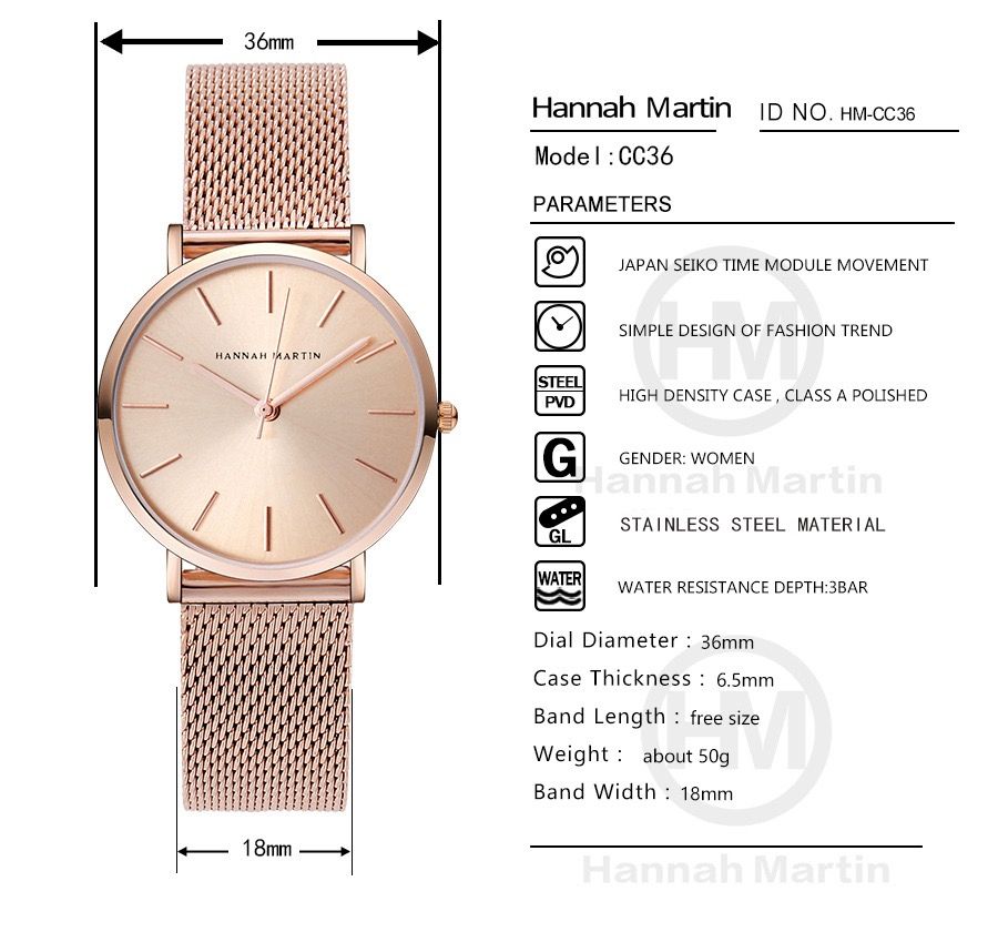CC36 Hannah Martin Luxury Quartz Watch Waterproof Lady Original Brand Women Wristwatch with Bracelet for Girl Montre Femme Reloj