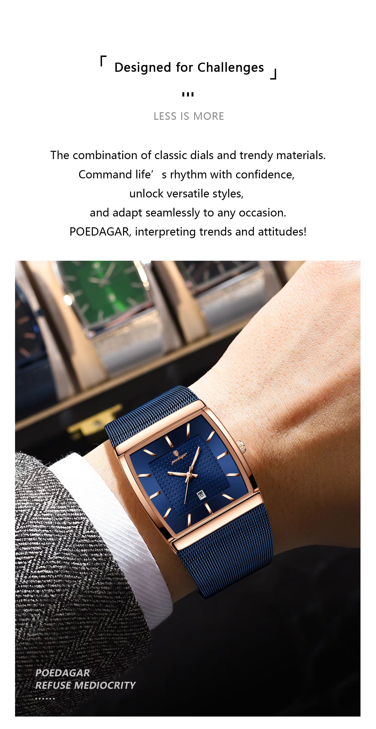2025 POEDAGAR 885 Original Quartz Movement Square Watches Unique Design Waterproof Mesh Stainless Steel Strap Luminous Watch for Men