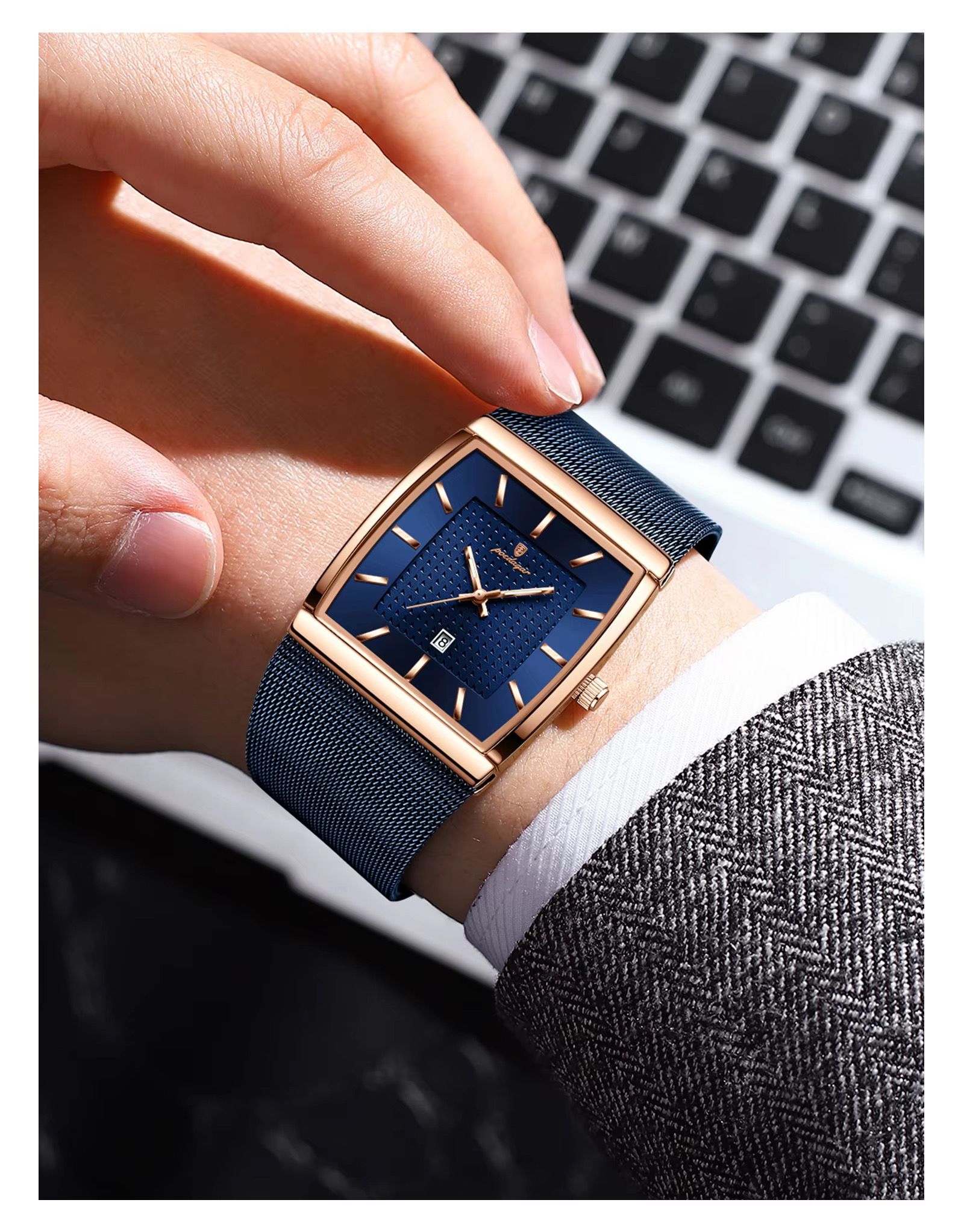 2025 POEDAGAR 885 Original Quartz Movement Square Watches Unique Design Waterproof Mesh Stainless Steel Strap Luminous Watch for Men