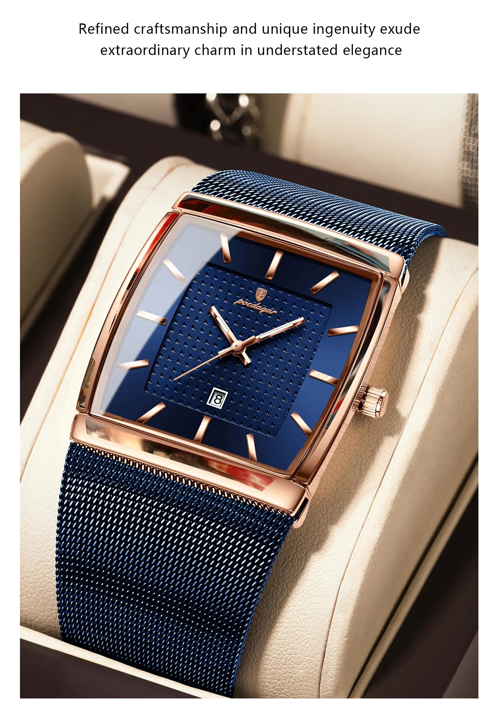 2025 POEDAGAR 885 Original Quartz Movement Square Watches Unique Design Waterproof Mesh Stainless Steel Strap Luminous Watch for Men