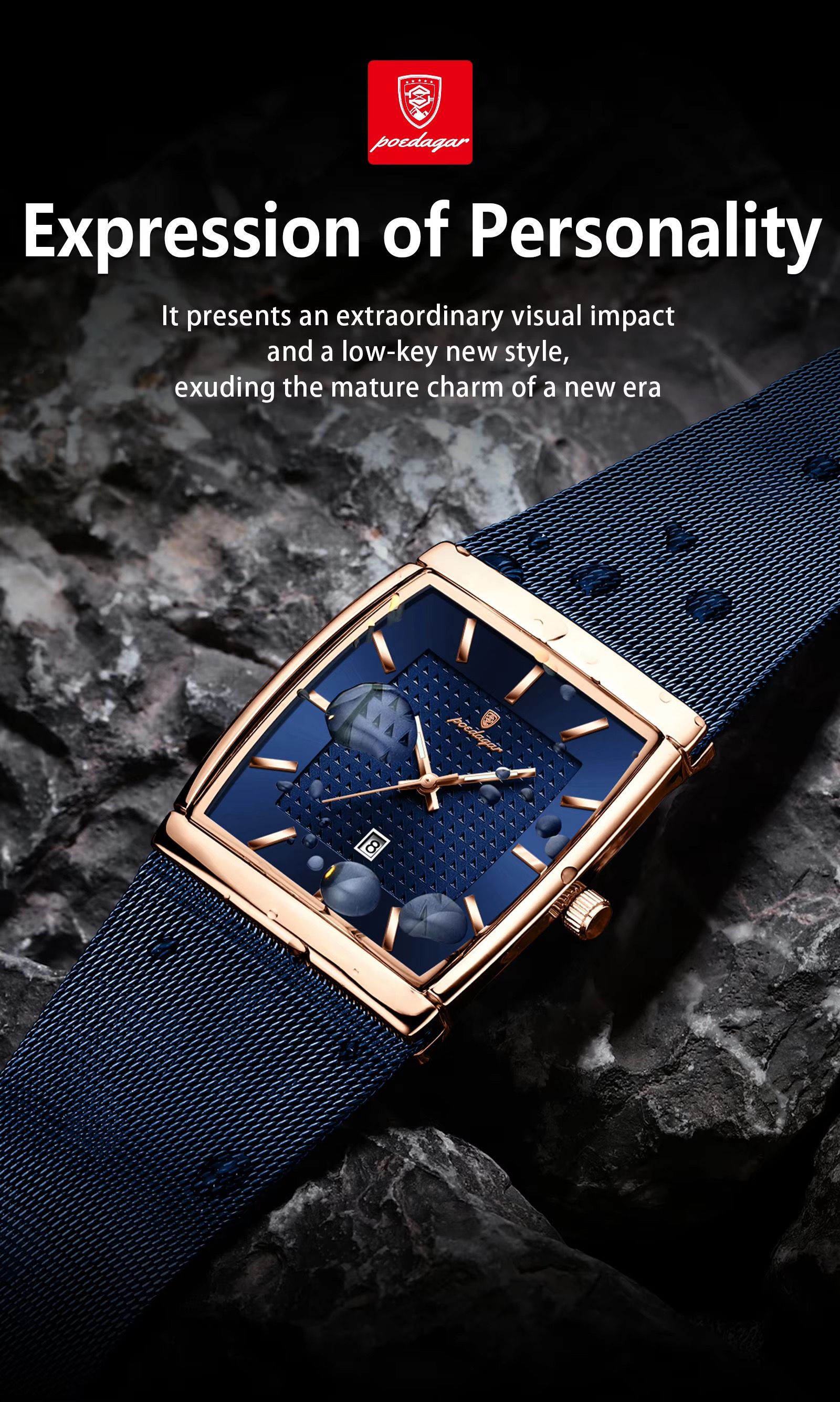 2025 POEDAGAR 885 Original Quartz Movement Square Watches Unique Design Waterproof Mesh Stainless Steel Strap Luminous Watch for Men