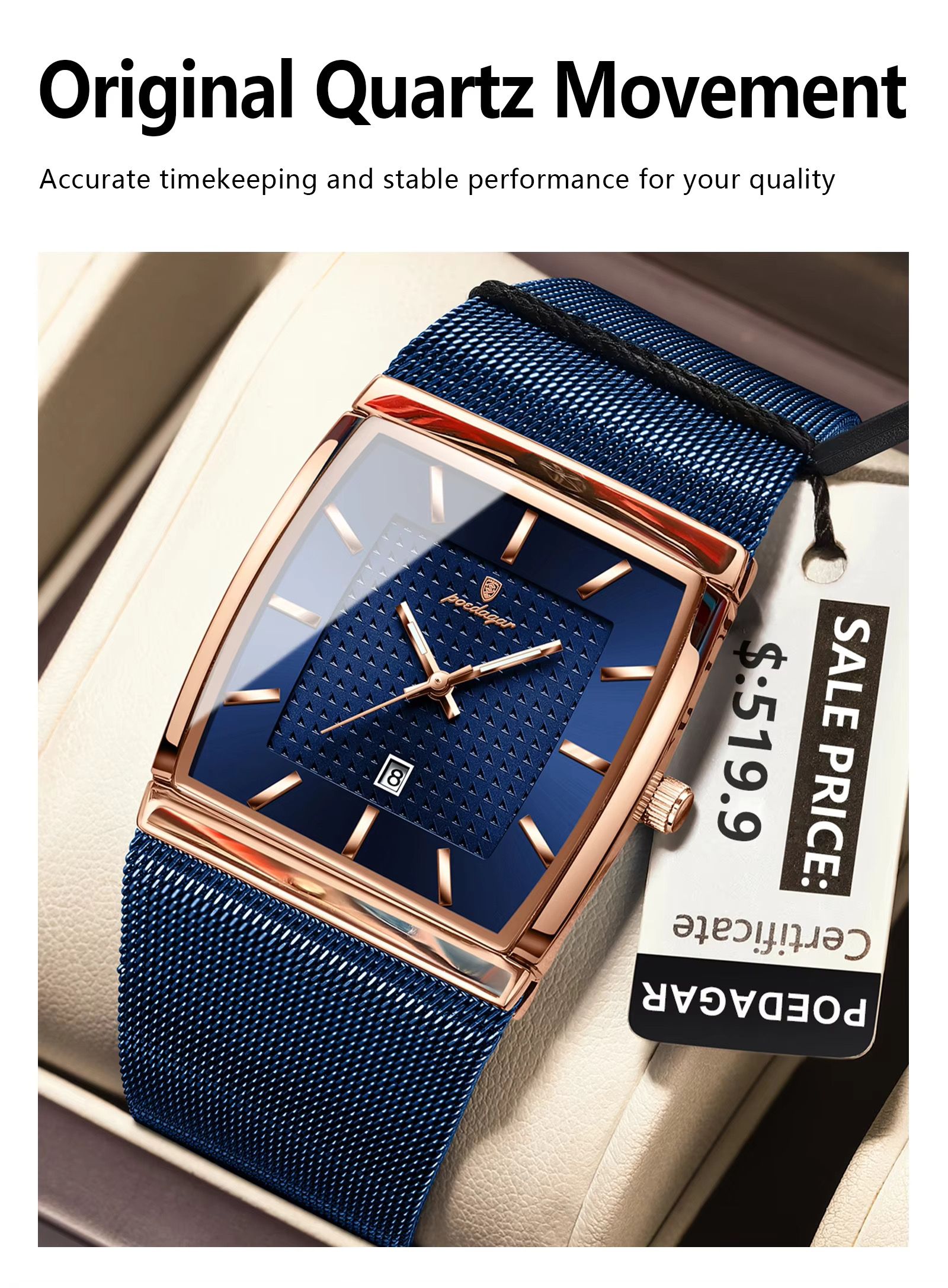 2025 POEDAGAR 885 Original Quartz Movement Square Watches Unique Design Waterproof Mesh Stainless Steel Strap Luminous Watch for Men