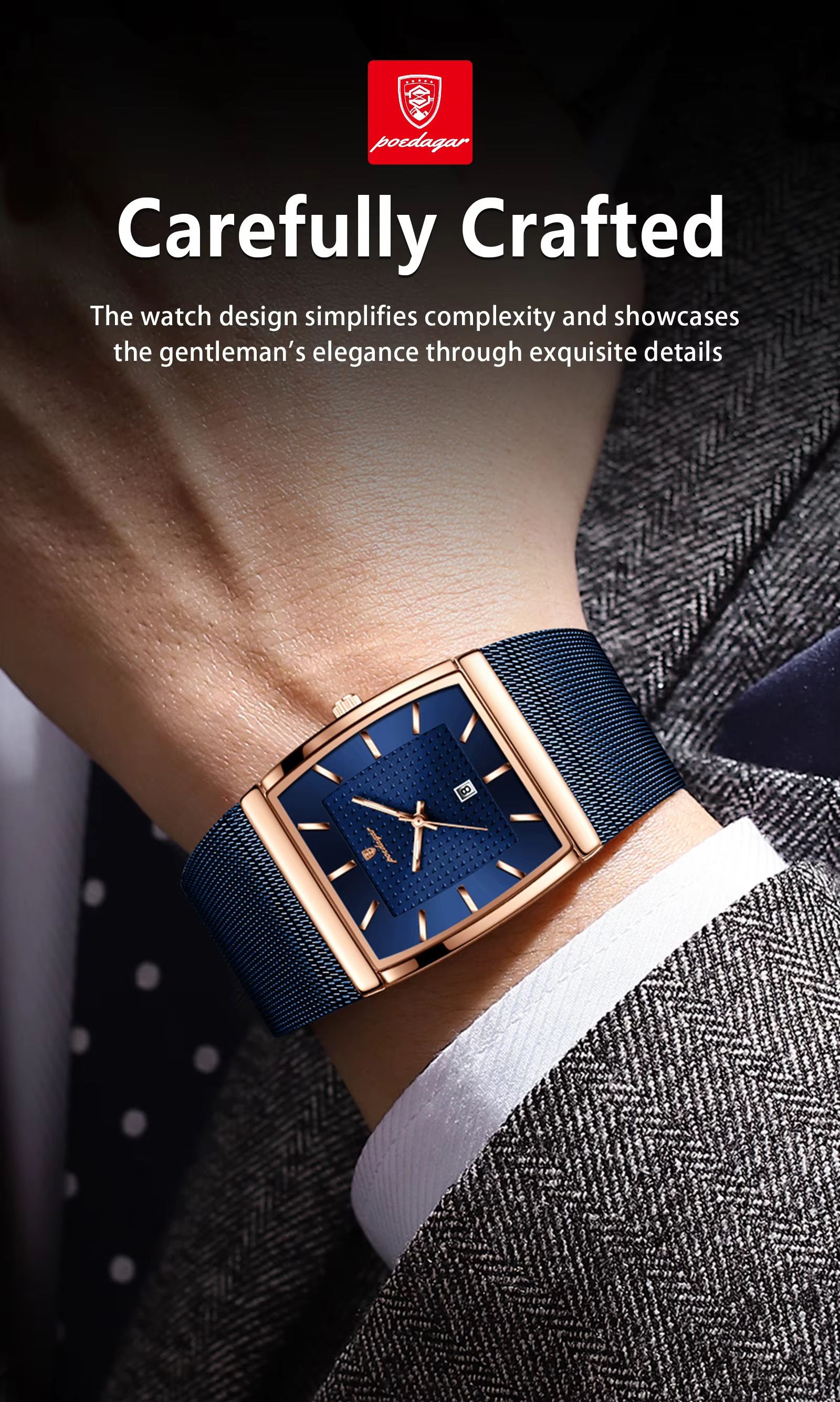 2025 POEDAGAR 885 Original Quartz Movement Square Watches Unique Design Waterproof Mesh Stainless Steel Strap Luminous Watch for Men