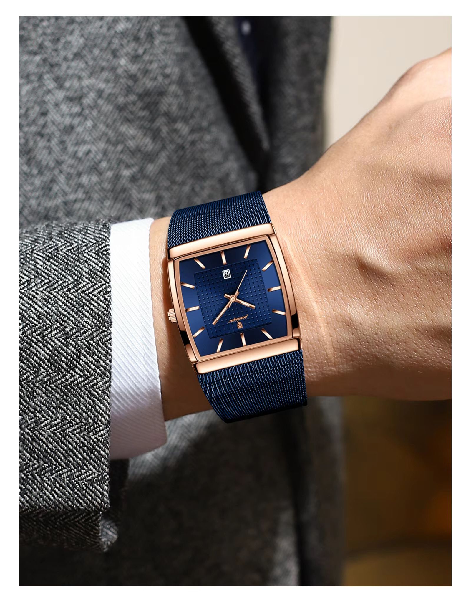 2025 POEDAGAR 885 Original Quartz Movement Square Watches Unique Design Waterproof Mesh Stainless Steel Strap Luminous Watch for Men