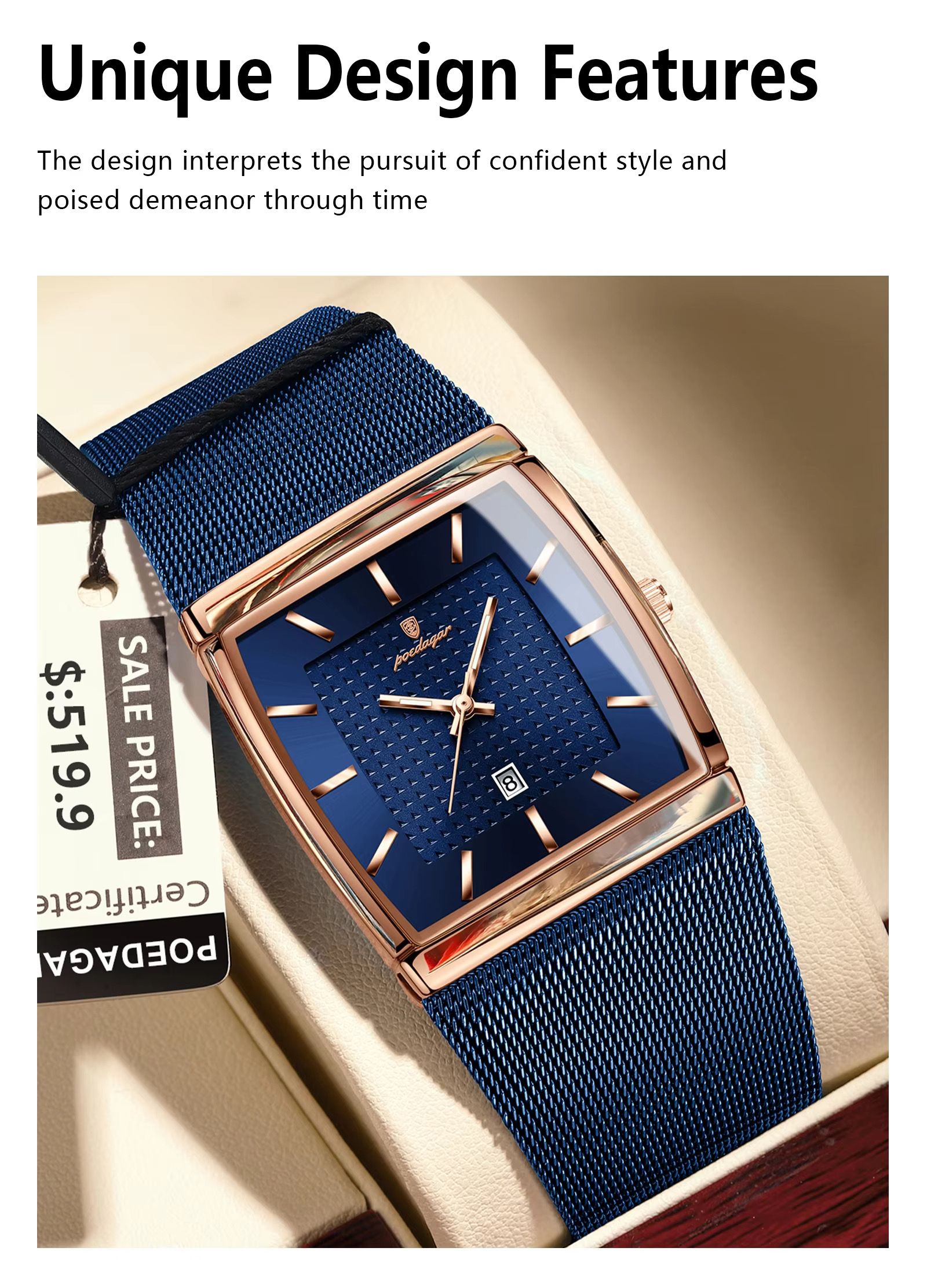 2025 POEDAGAR 885 Original Quartz Movement Square Watches Unique Design Waterproof Mesh Stainless Steel Strap Luminous Watch for Men