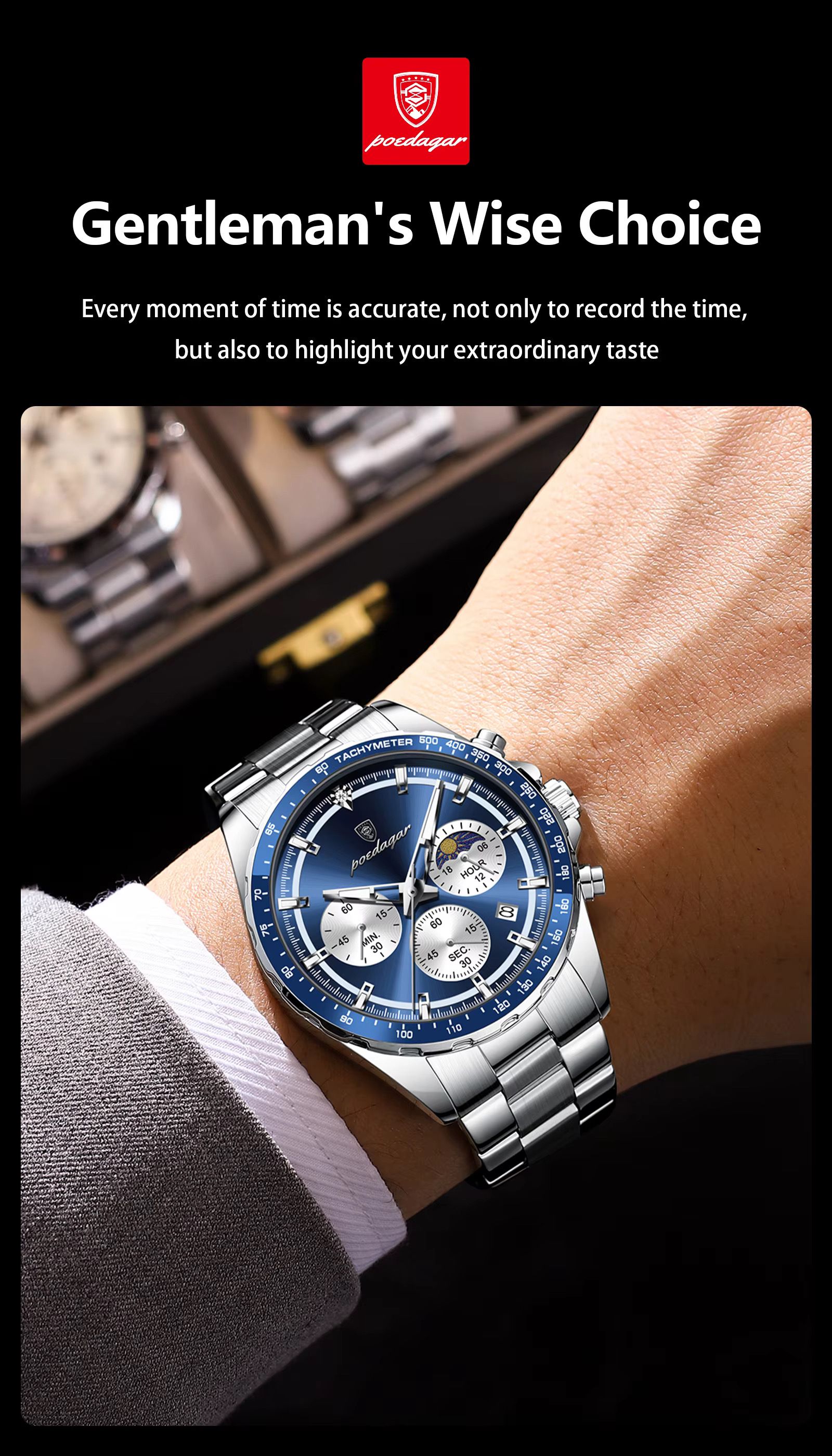 Poedagar 879 Original Men Reloj Waterproof Luminous Chronograph Quartz Men's Watches Luxury Stainless Steel Watch for Men