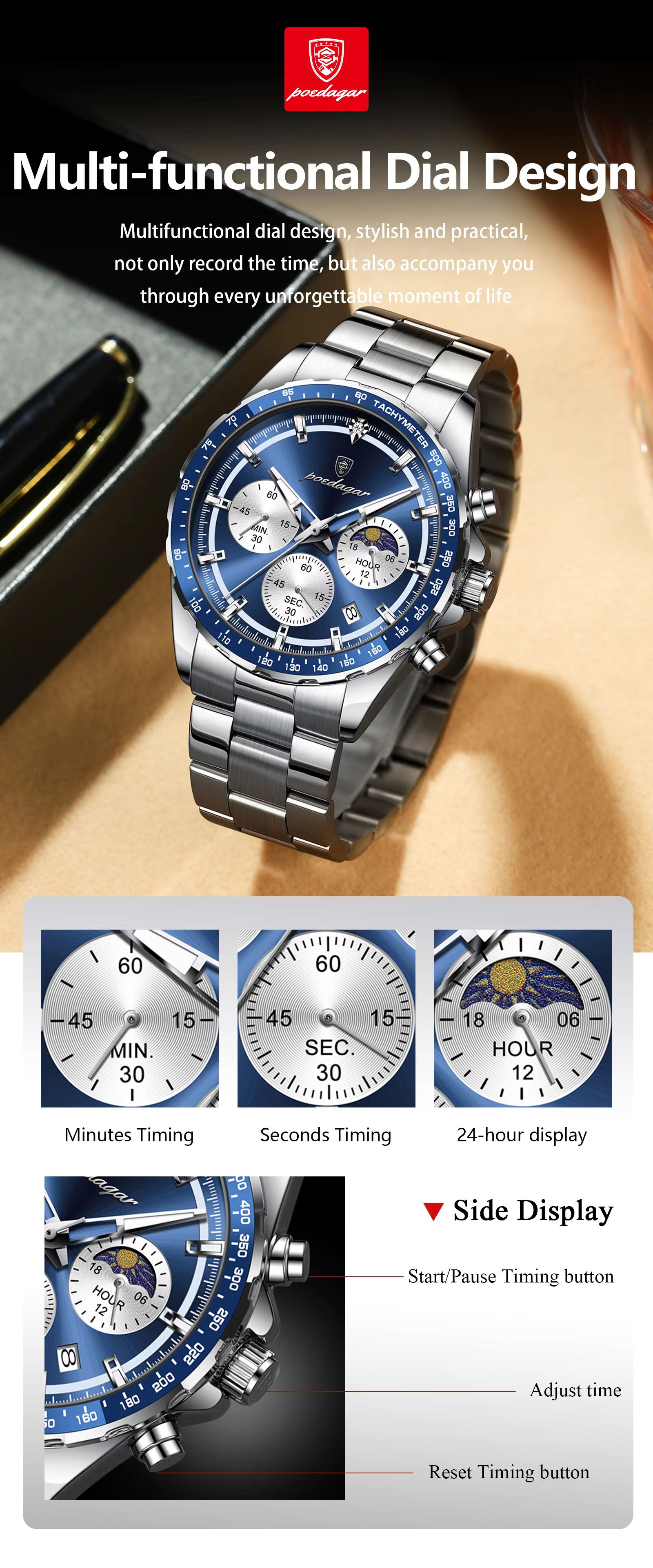 Poedagar 879 Original Men Reloj Waterproof Luminous Chronograph Quartz Men's Watches Luxury Stainless Steel Watch for Men