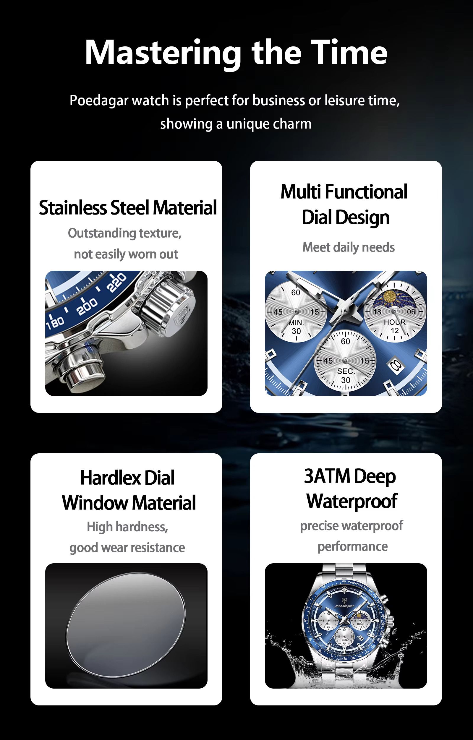 Poedagar 879 Original Men Reloj Waterproof Luminous Chronograph Quartz Men's Watches Luxury Stainless Steel Watch for Men