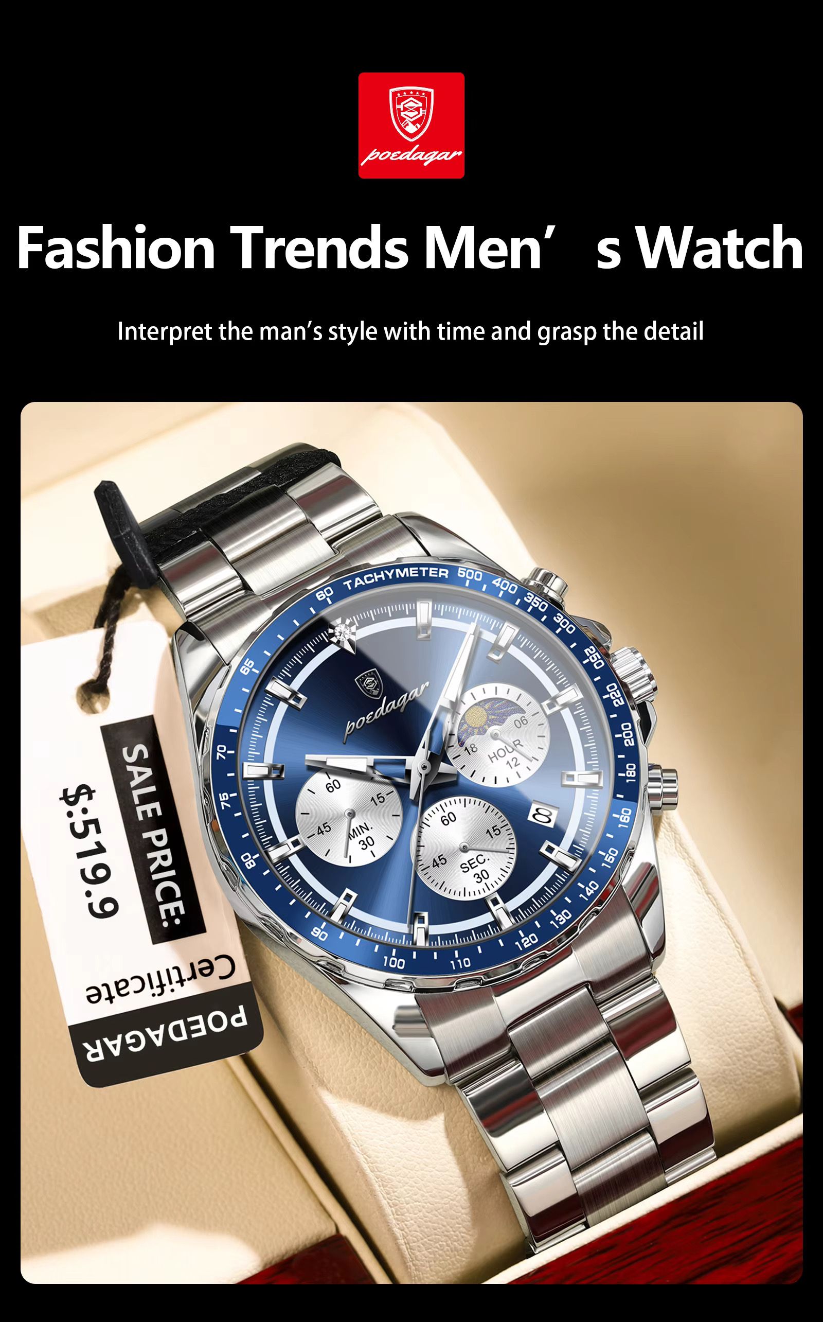 Poedagar 879 Original Men Reloj Waterproof Luminous Chronograph Quartz Men's Watches Luxury Stainless Steel Watch for Men