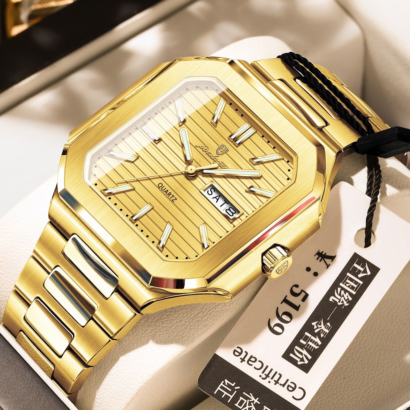 POEDAGAR 672 Square Design Week Date Quartz Watches Luminous Waterproof Wristwatches Stainless Steel Band Men Watch