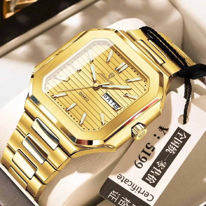 POEDAGAR 672 Square Design Week Date Quartz Watches Luminous Waterproof Wristwatches Stainless Steel Band Men Watch