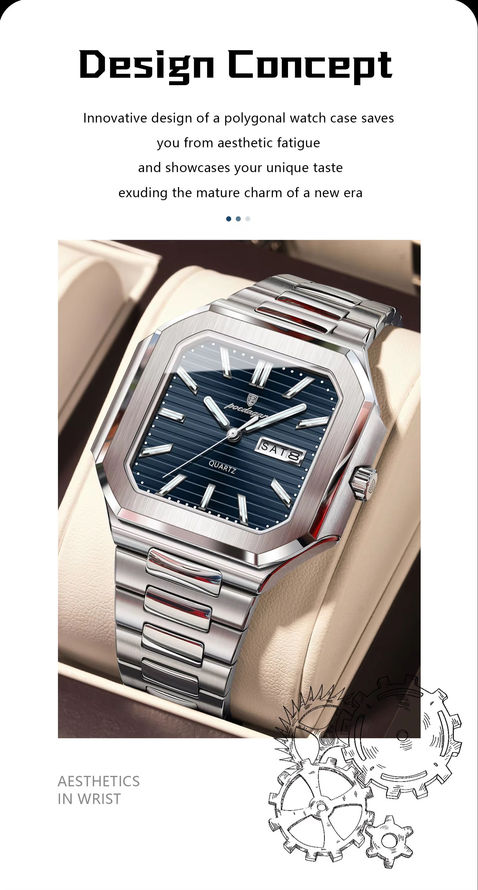 POEDAGAR 672 Square Design Week Date Quartz Watches Luminous Waterproof Wristwatches Stainless Steel Band Men Watch