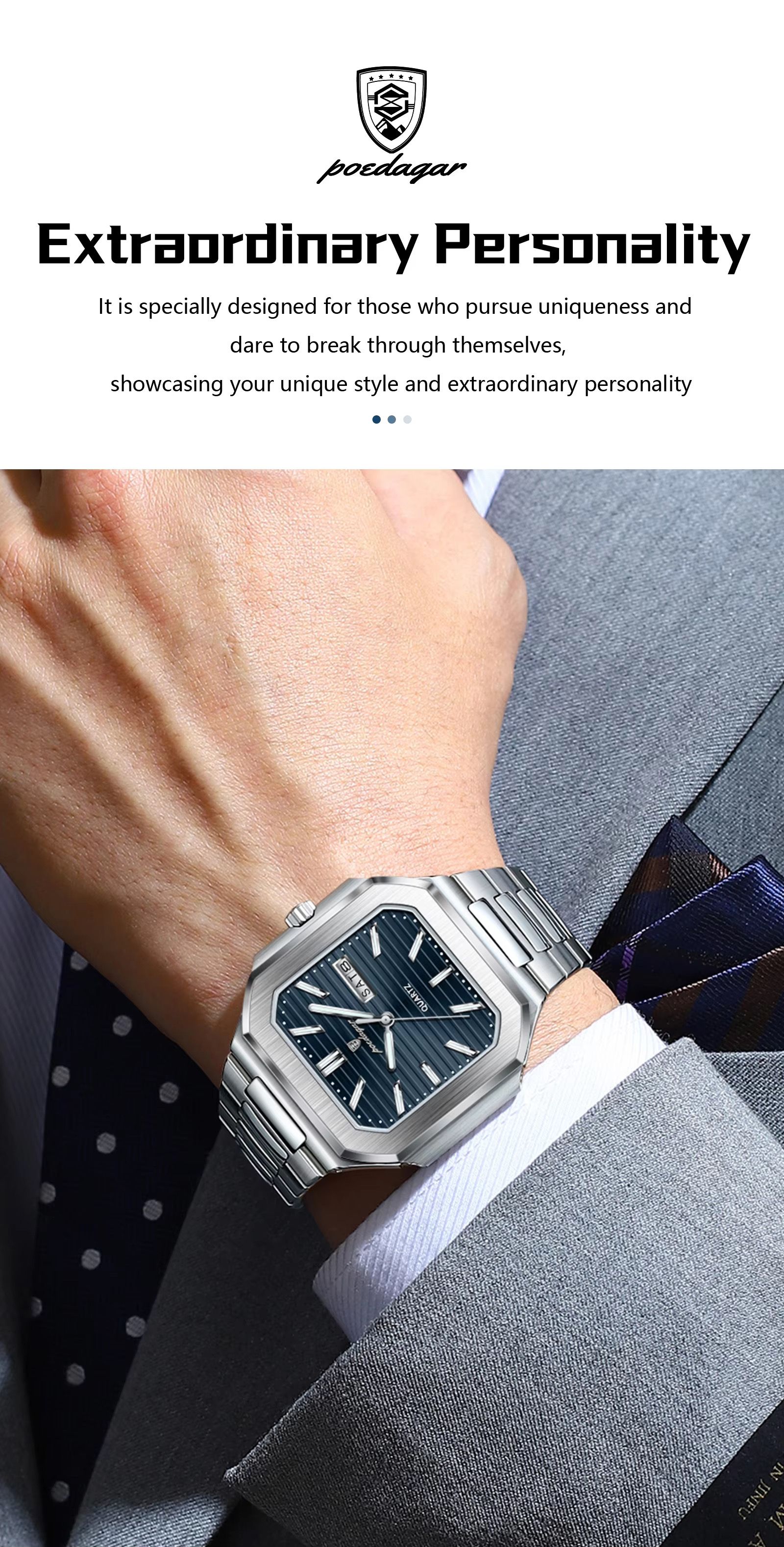 POEDAGAR 672 Square Design Week Date Quartz Watches Luminous Waterproof Wristwatches Stainless Steel Band Men Watch