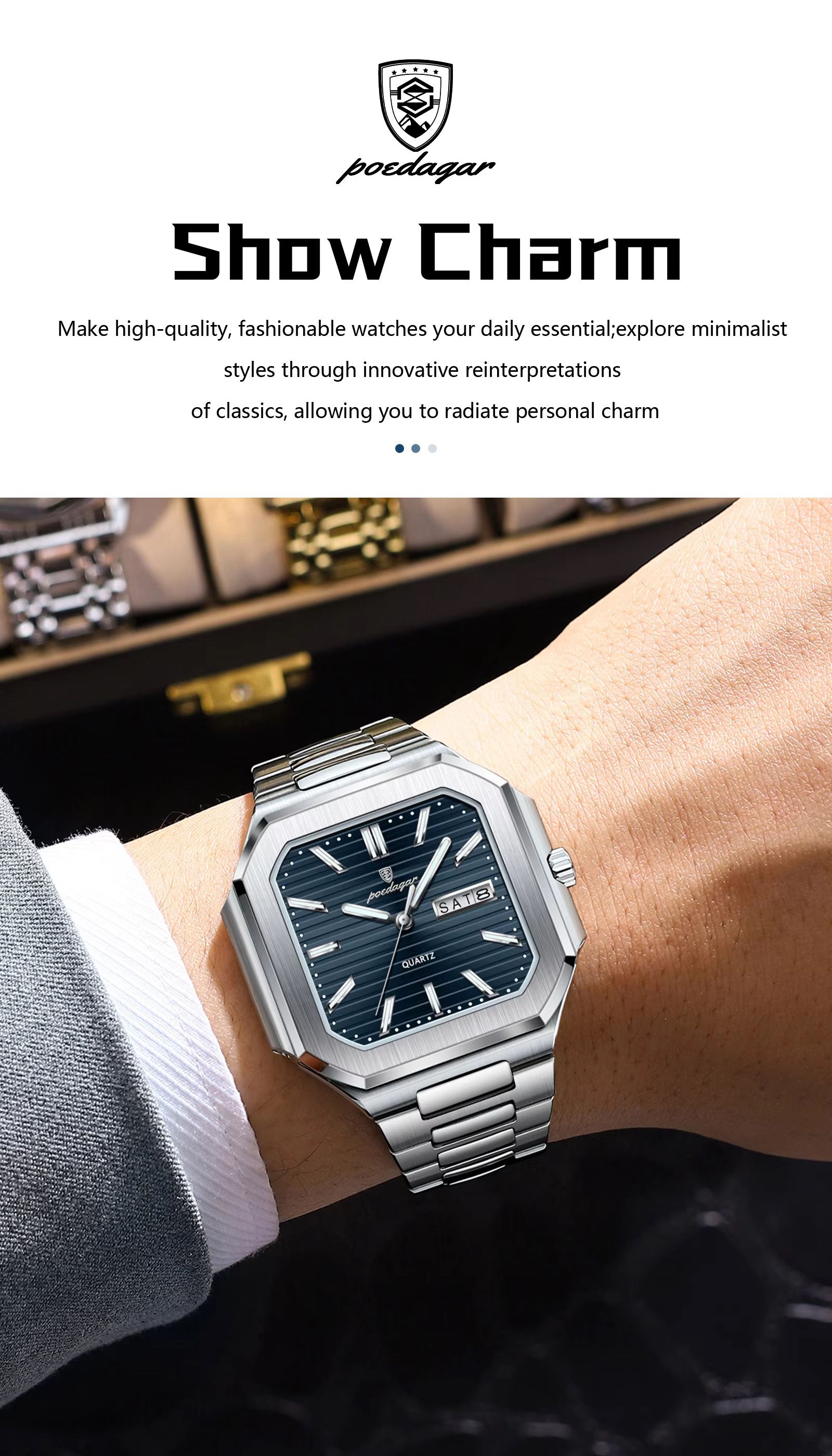 POEDAGAR 672 Square Design Week Date Quartz Watches Luminous Waterproof Wristwatches Stainless Steel Band Men Watch