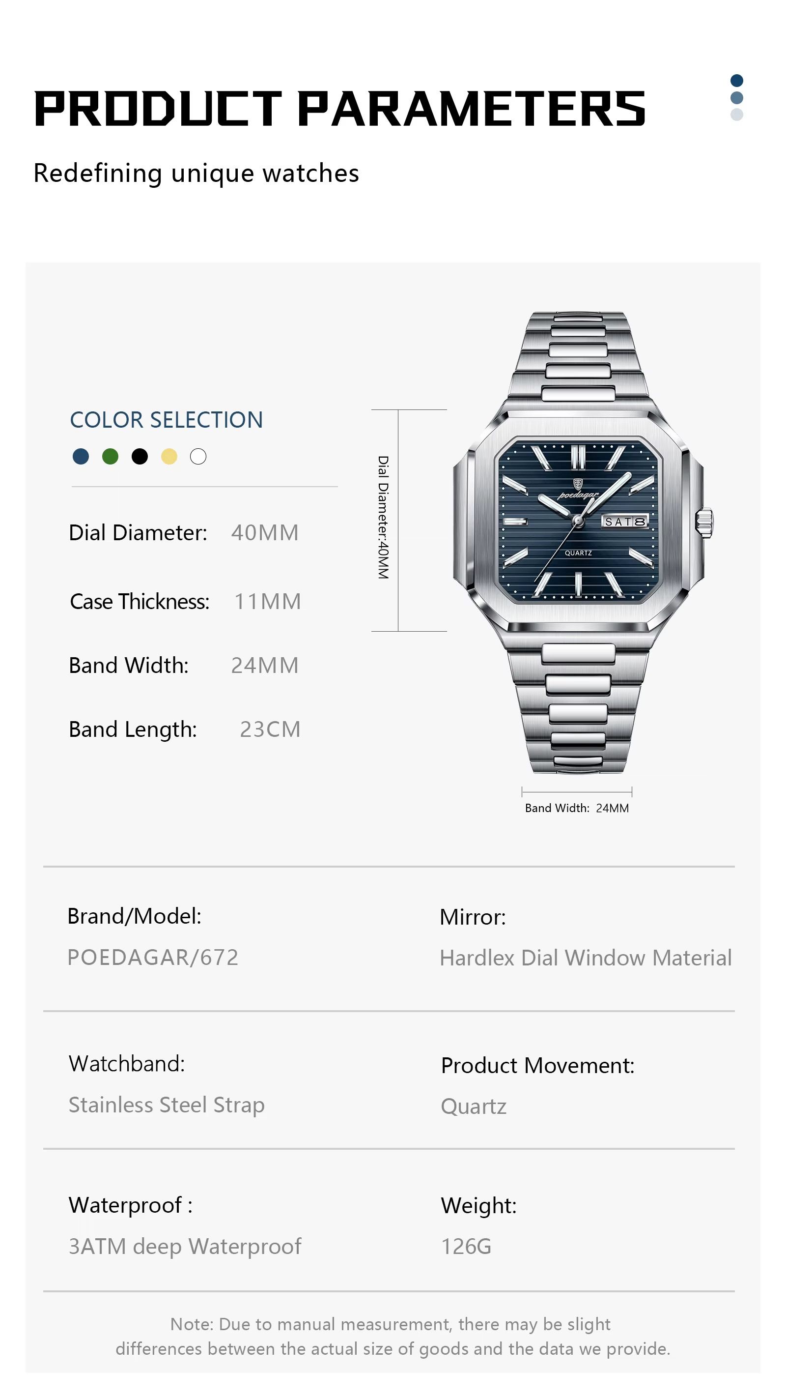 POEDAGAR 672 Square Design Week Date Quartz Watches Luminous Waterproof Wristwatches Stainless Steel Band Men Watch