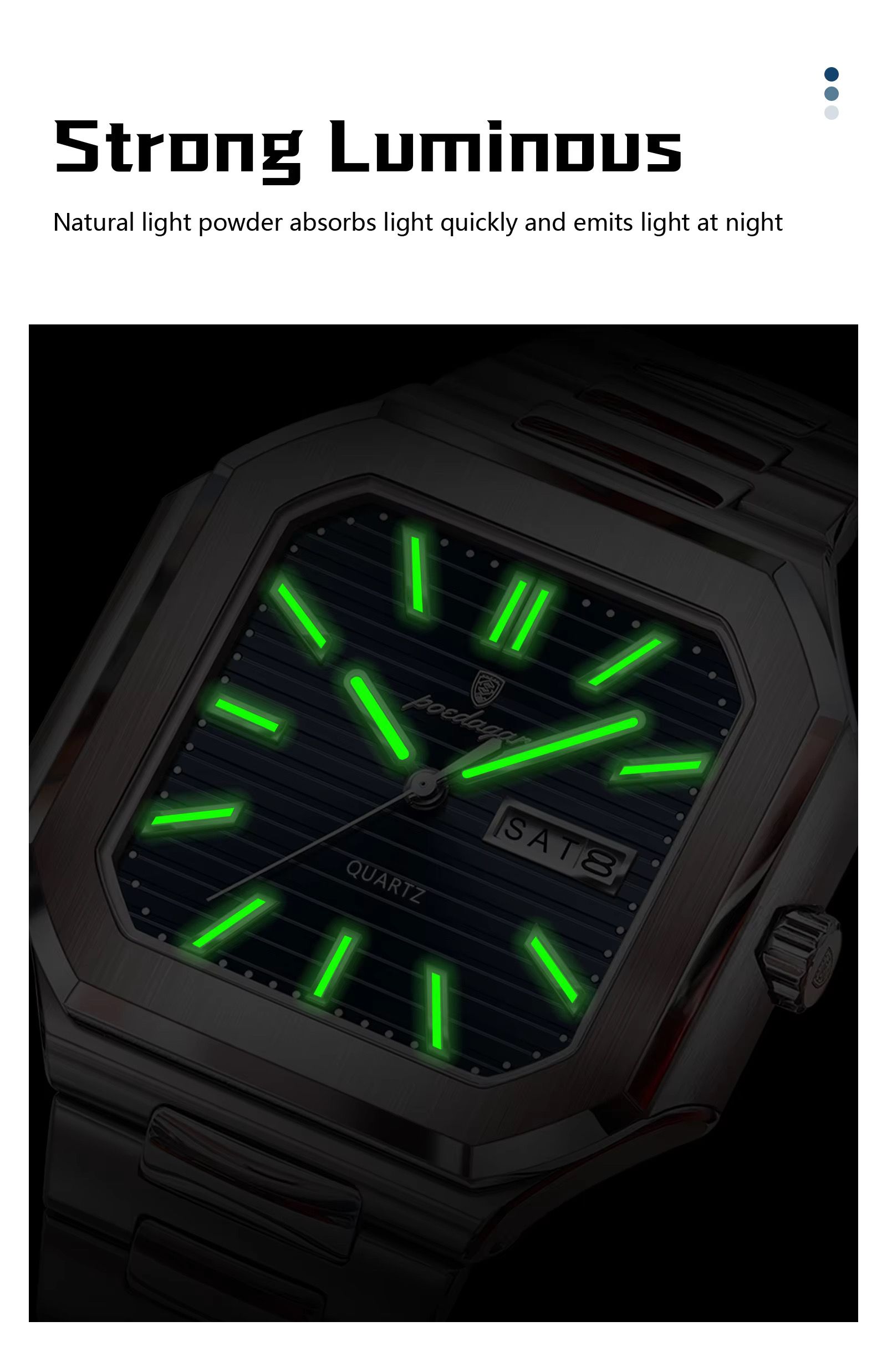 POEDAGAR 672 Square Design Week Date Quartz Watches Luminous Waterproof Wristwatches Stainless Steel Band Men Watch