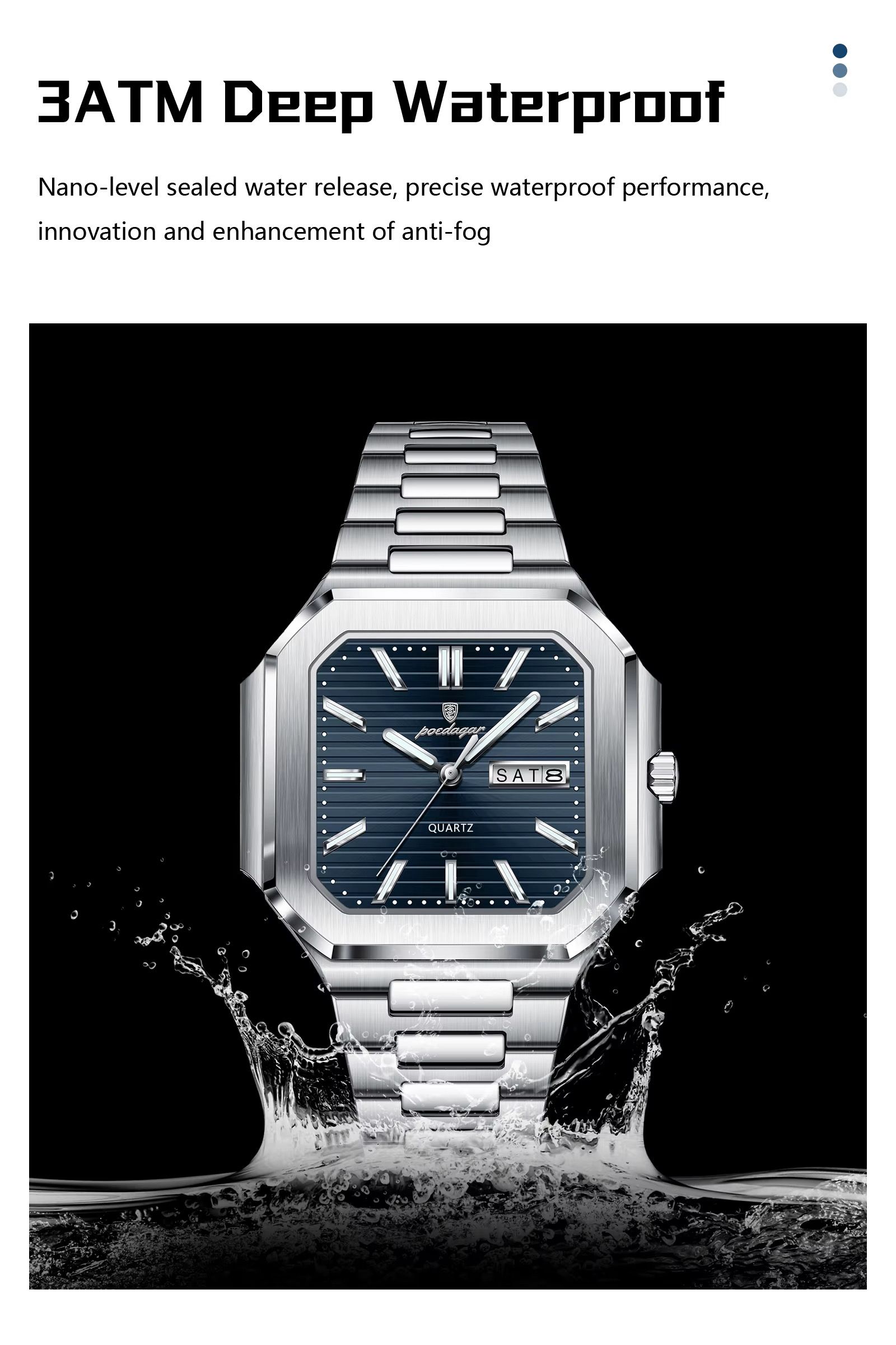 POEDAGAR 672 Square Design Week Date Quartz Watches Luminous Waterproof Wristwatches Stainless Steel Band Men Watch