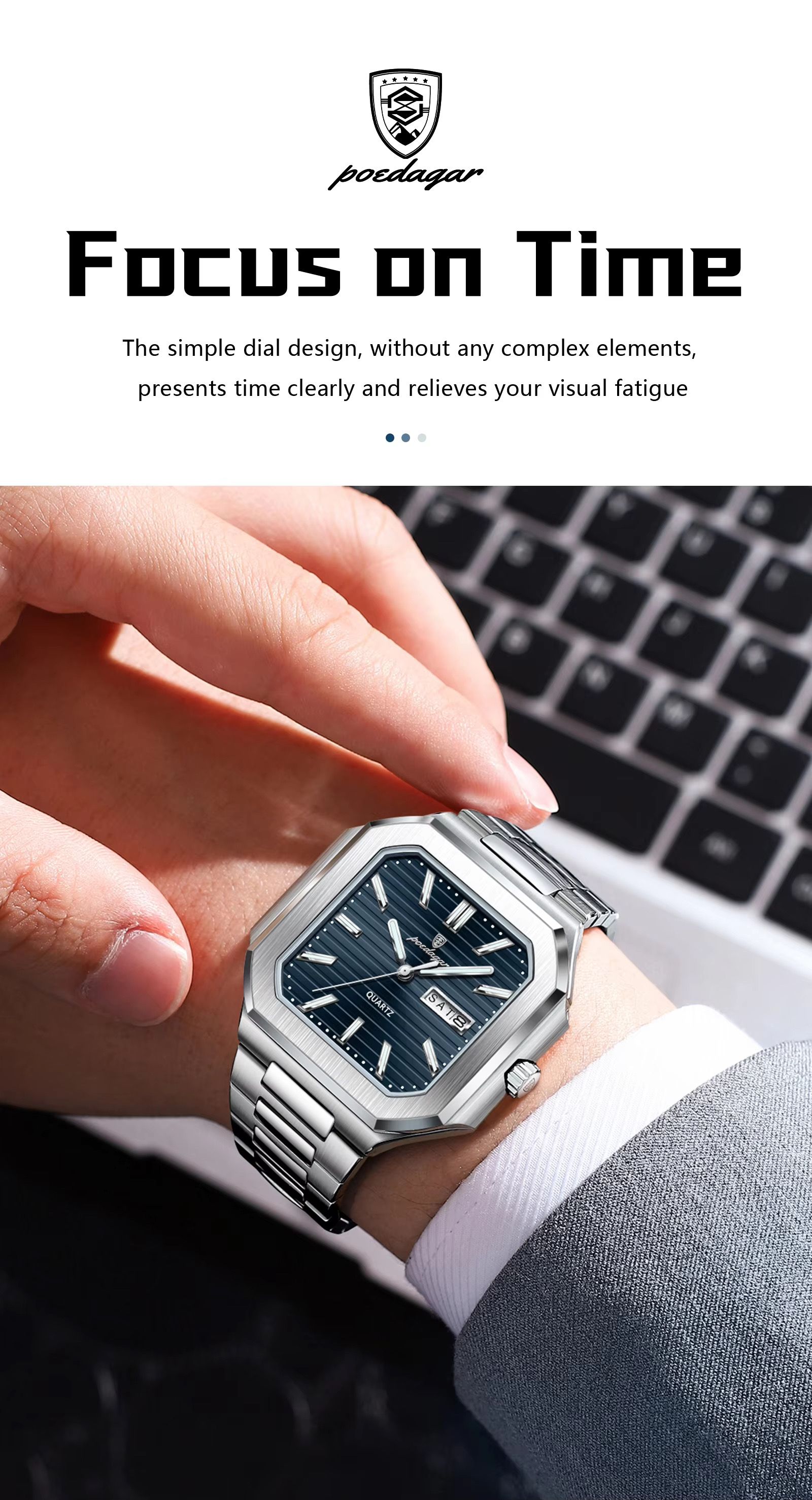 POEDAGAR 672 Square Design Week Date Quartz Watches Luminous Waterproof Wristwatches Stainless Steel Band Men Watch