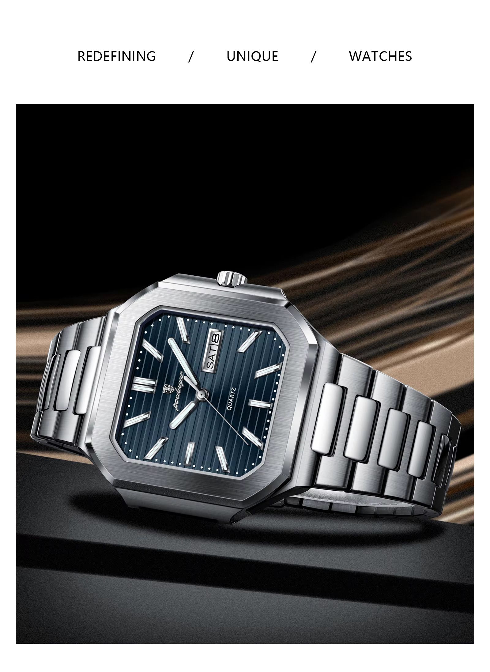 POEDAGAR 672 Square Design Week Date Quartz Watches Luminous Waterproof Wristwatches Stainless Steel Band Men Watch