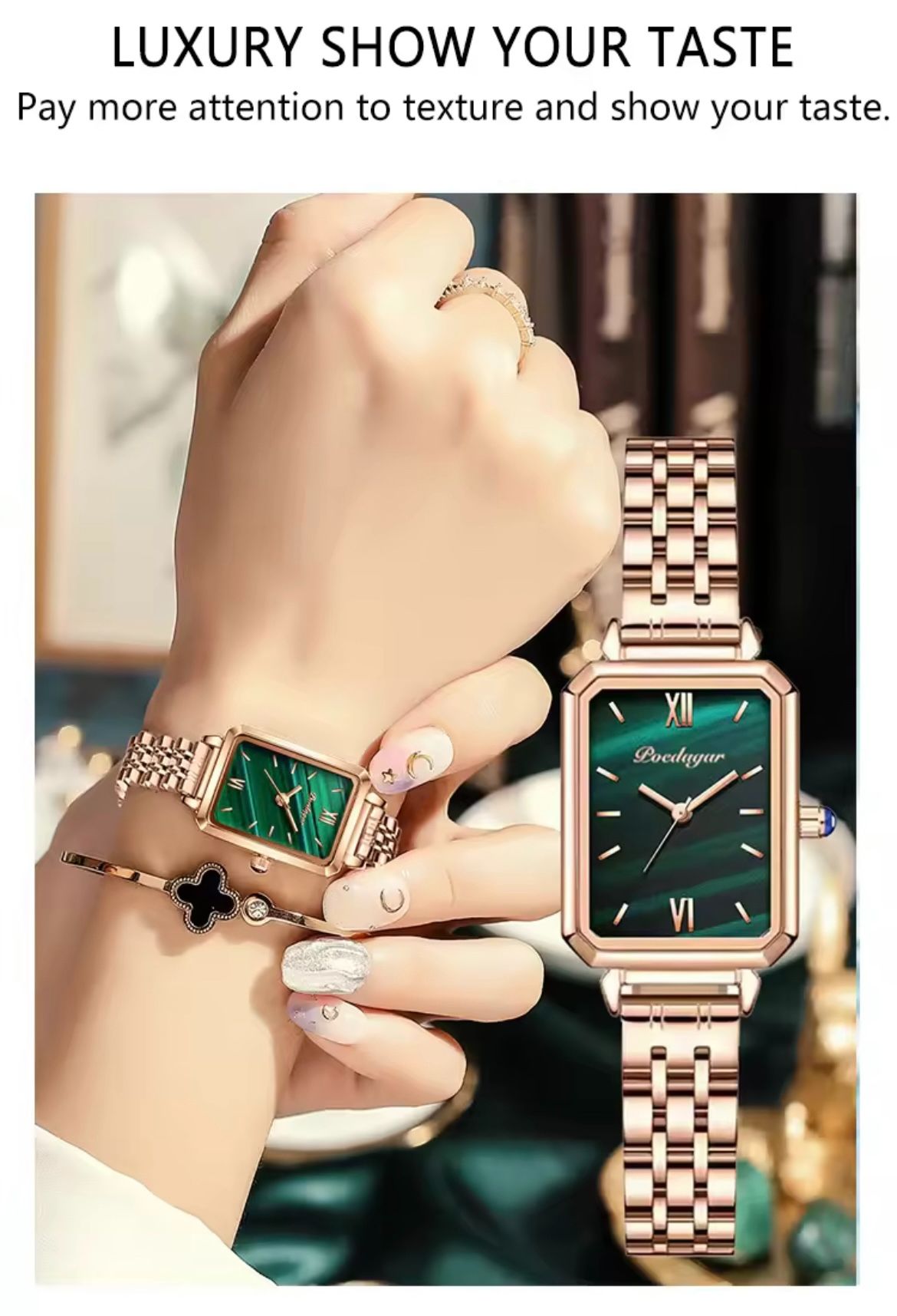 POEDAGAR 622 Women Watches Fashion Green Square Dial Quartz Ladies Watch Slim Gift Dress Bracelet Wristwatches Relogio Feminino