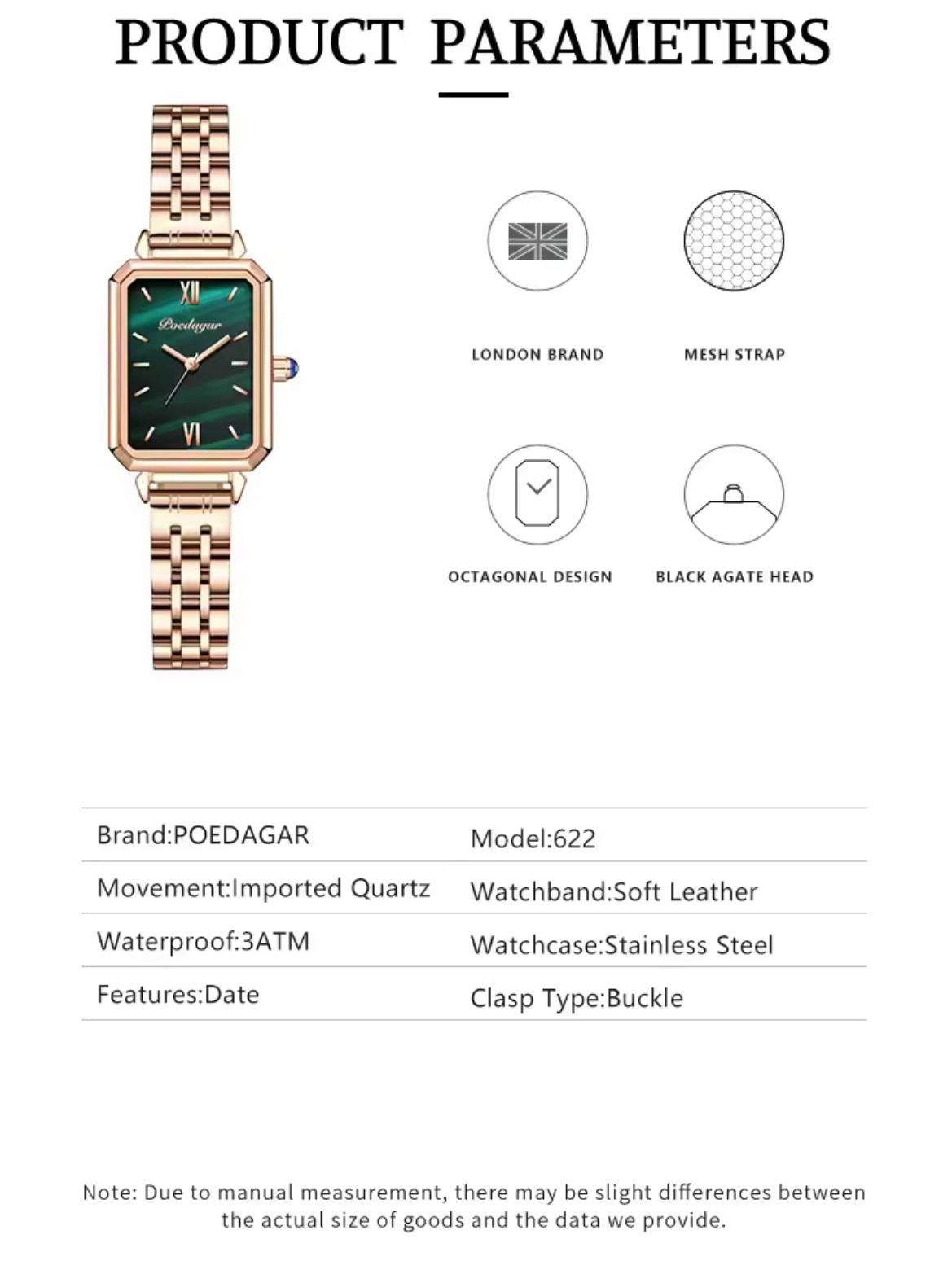 POEDAGAR 622 Women Watches Fashion Green Square Dial Quartz Ladies Watch Slim Gift Dress Bracelet Wristwatches Relogio Feminino