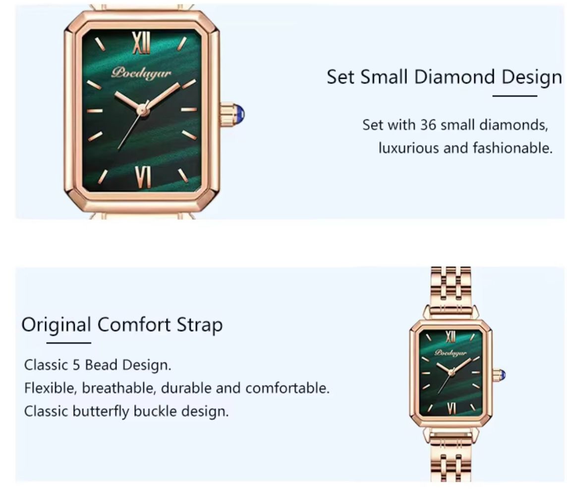 POEDAGAR 622 Women Watches Fashion Green Square Dial Quartz Ladies Watch Slim Gift Dress Bracelet Wristwatches Relogio Feminino