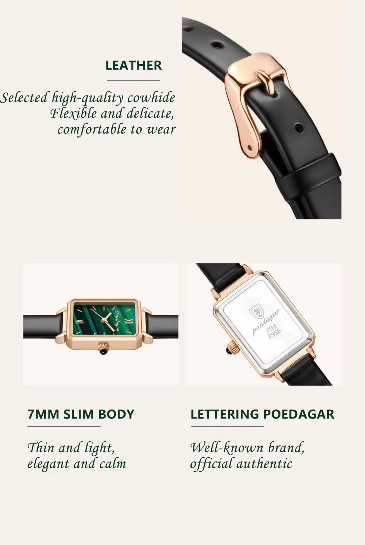 POEDAGAR 622 Women Watches Fashion Green Square Dial Quartz Ladies Watch Slim Gift Dress Bracelet Wristwatches Relogio Feminino