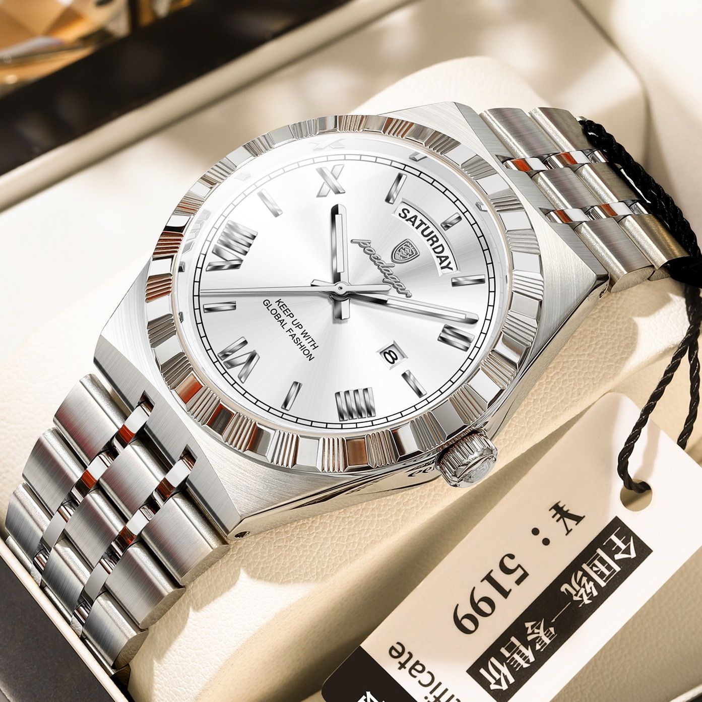 POEDAGAR 675 Men's Luxury Original Quartz Wristwatch Waterproof Luminous Montre Homme Stainless Steel Calendar Watch for Men