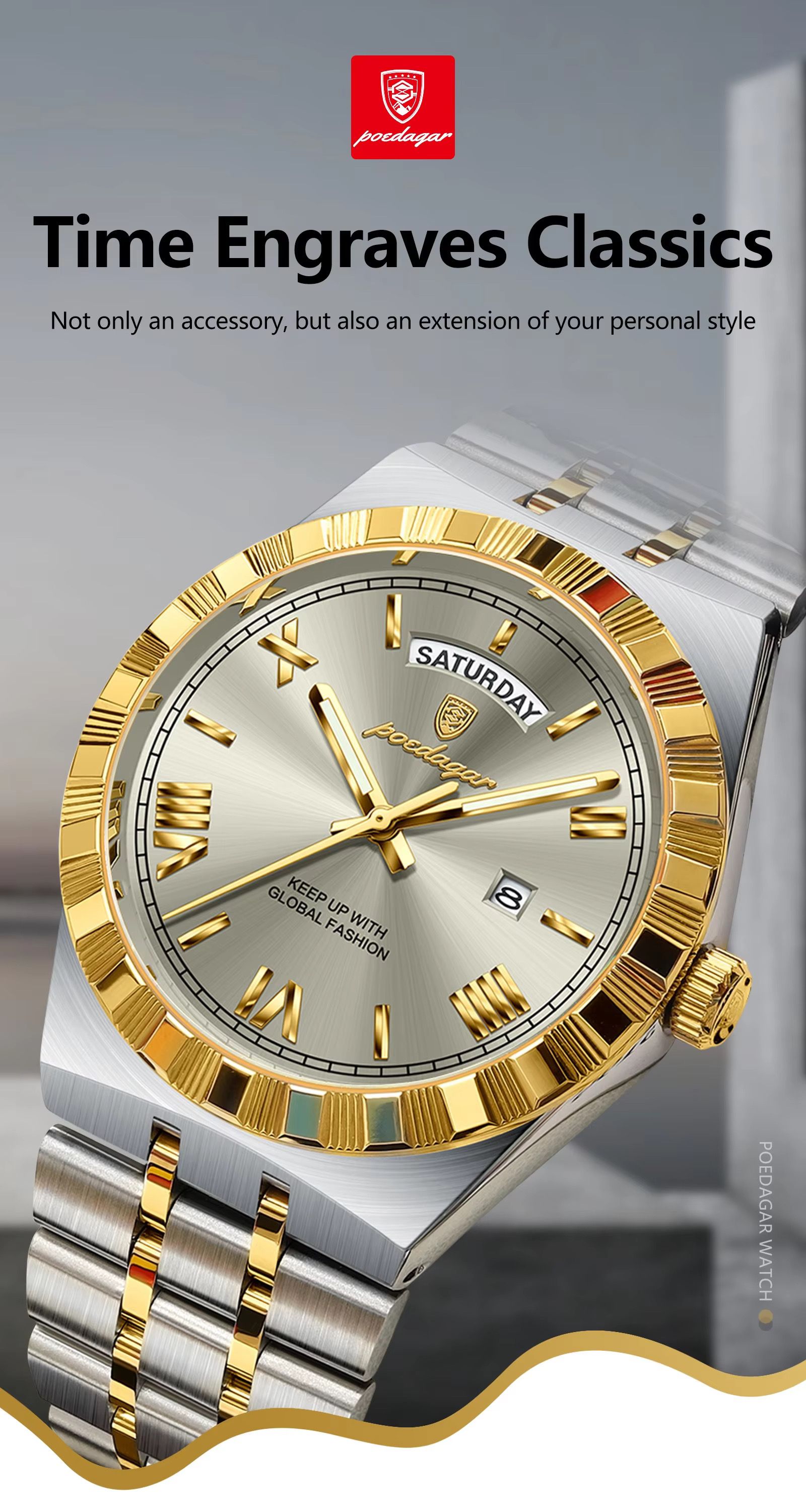 POEDAGAR 675 Men's Luxury Original Quartz Wristwatch Waterproof Luminous Montre Homme Stainless Steel Calendar Watch for Men