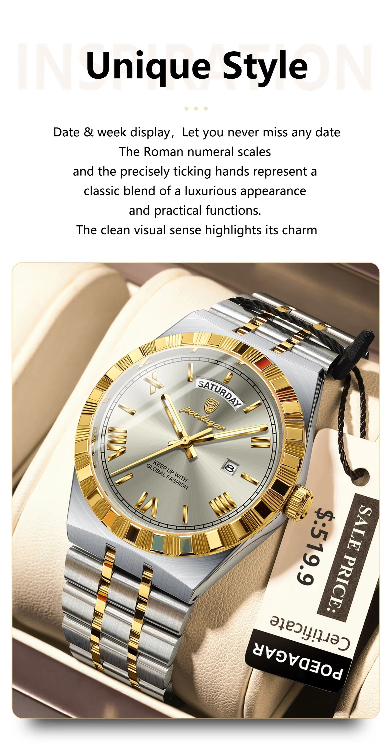 POEDAGAR 675 Men's Luxury Original Quartz Wristwatch Waterproof Luminous Montre Homme Stainless Steel Calendar Watch for Men