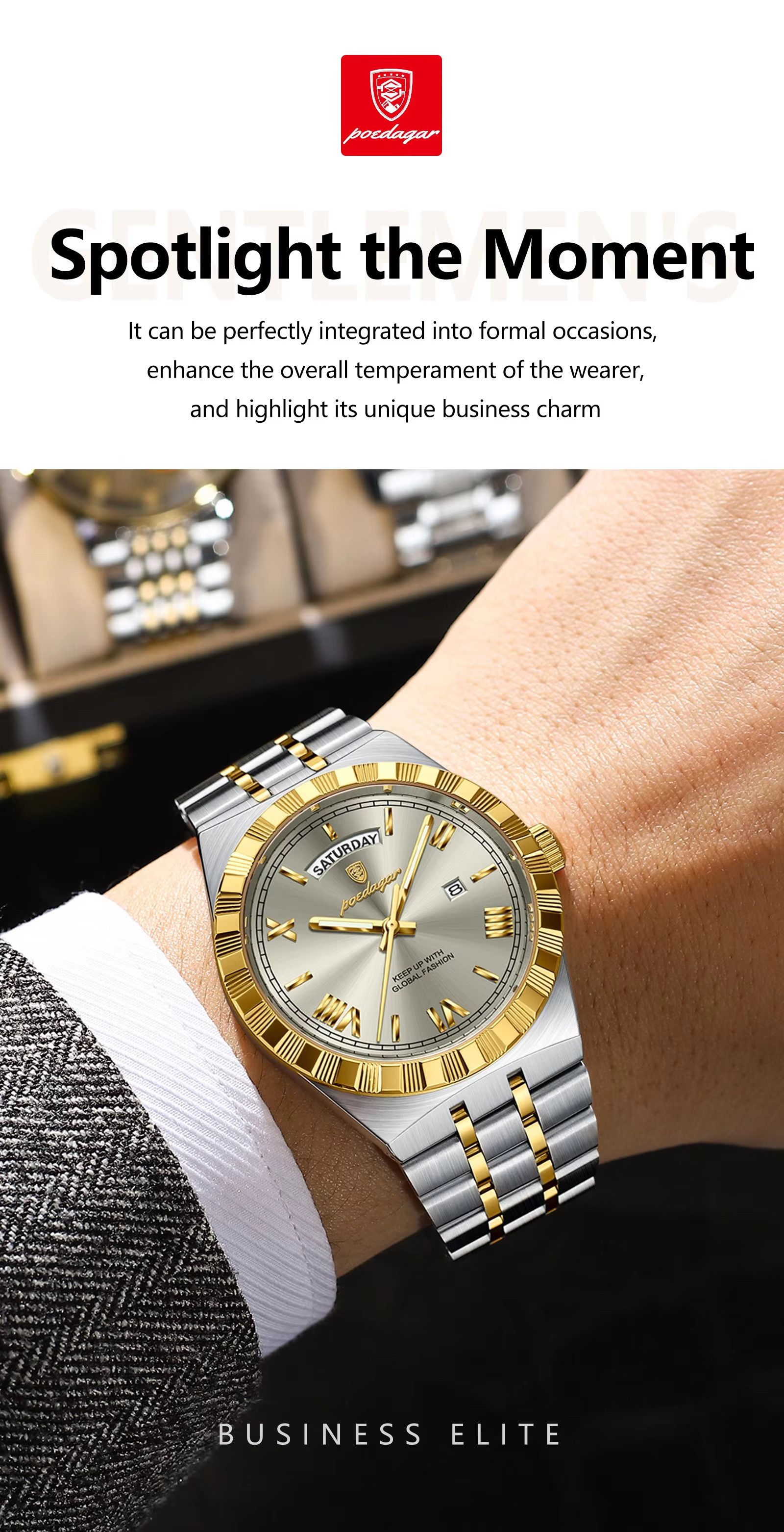 POEDAGAR 675 Men's Luxury Original Quartz Wristwatch Waterproof Luminous Montre Homme Stainless Steel Calendar Watch for Men