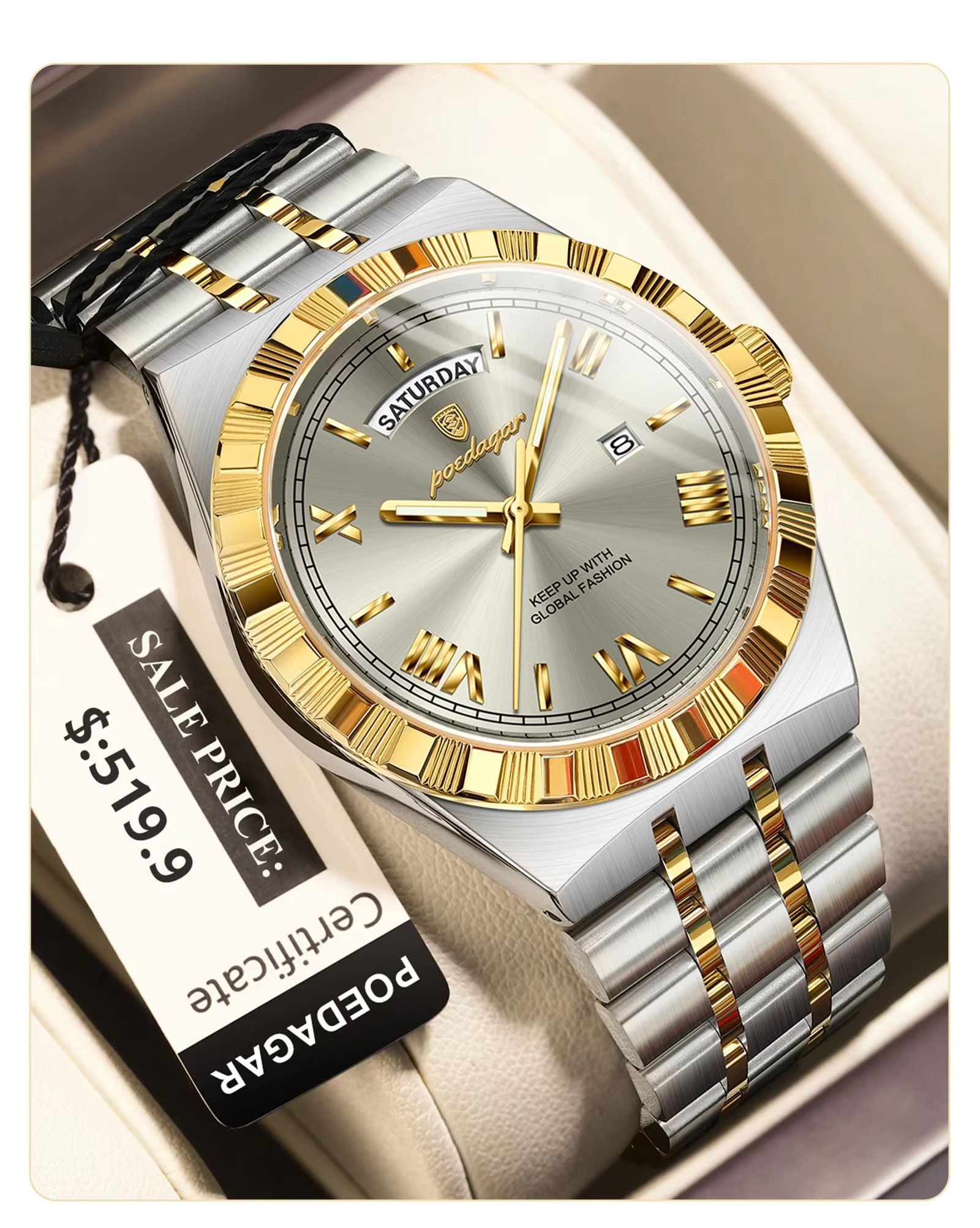POEDAGAR 675 Men's Luxury Original Quartz Wristwatch Waterproof Luminous Montre Homme Stainless Steel Calendar Watch for Men