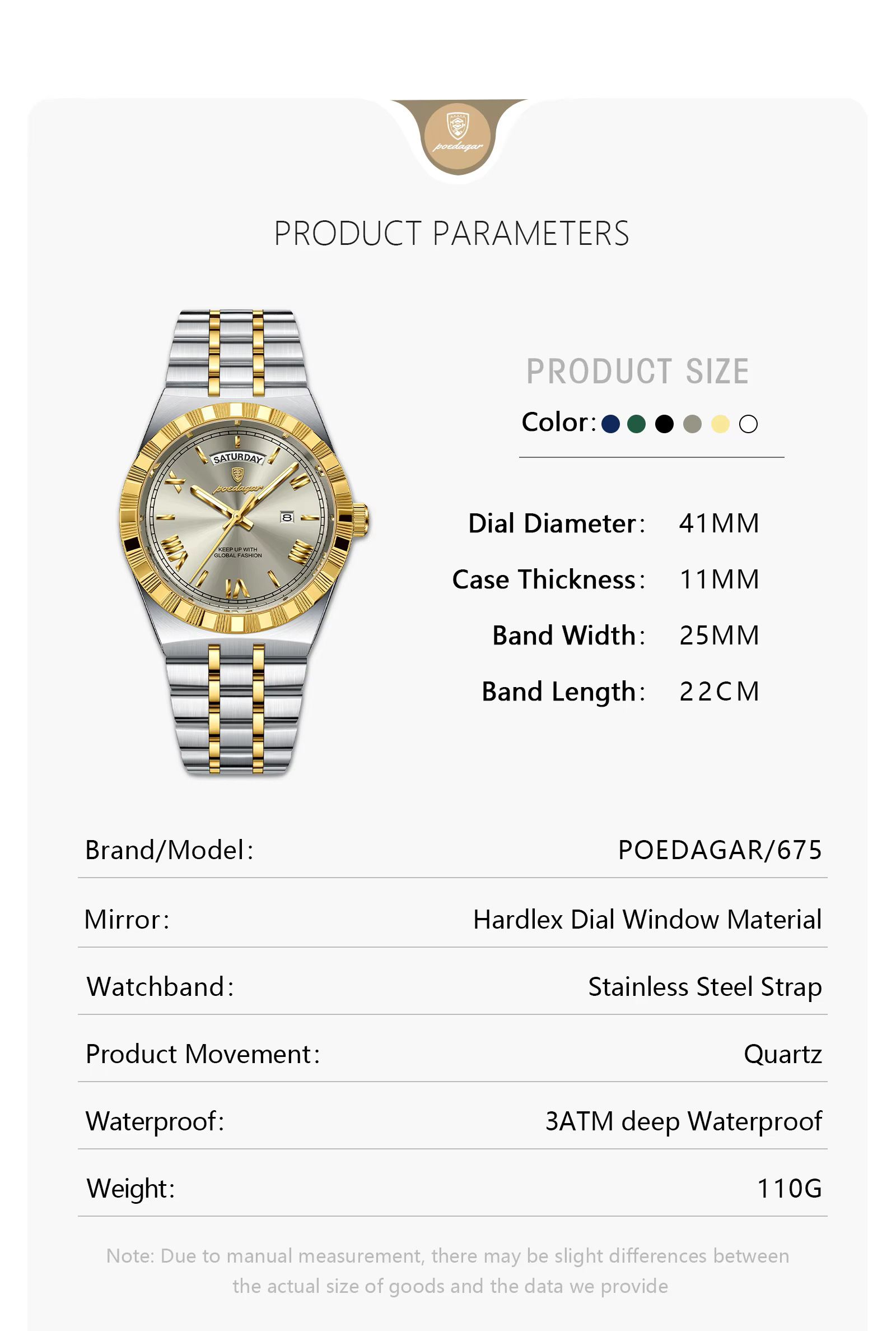 POEDAGAR 675 Men's Luxury Original Quartz Wristwatch Waterproof Luminous Montre Homme Stainless Steel Calendar Watch for Men