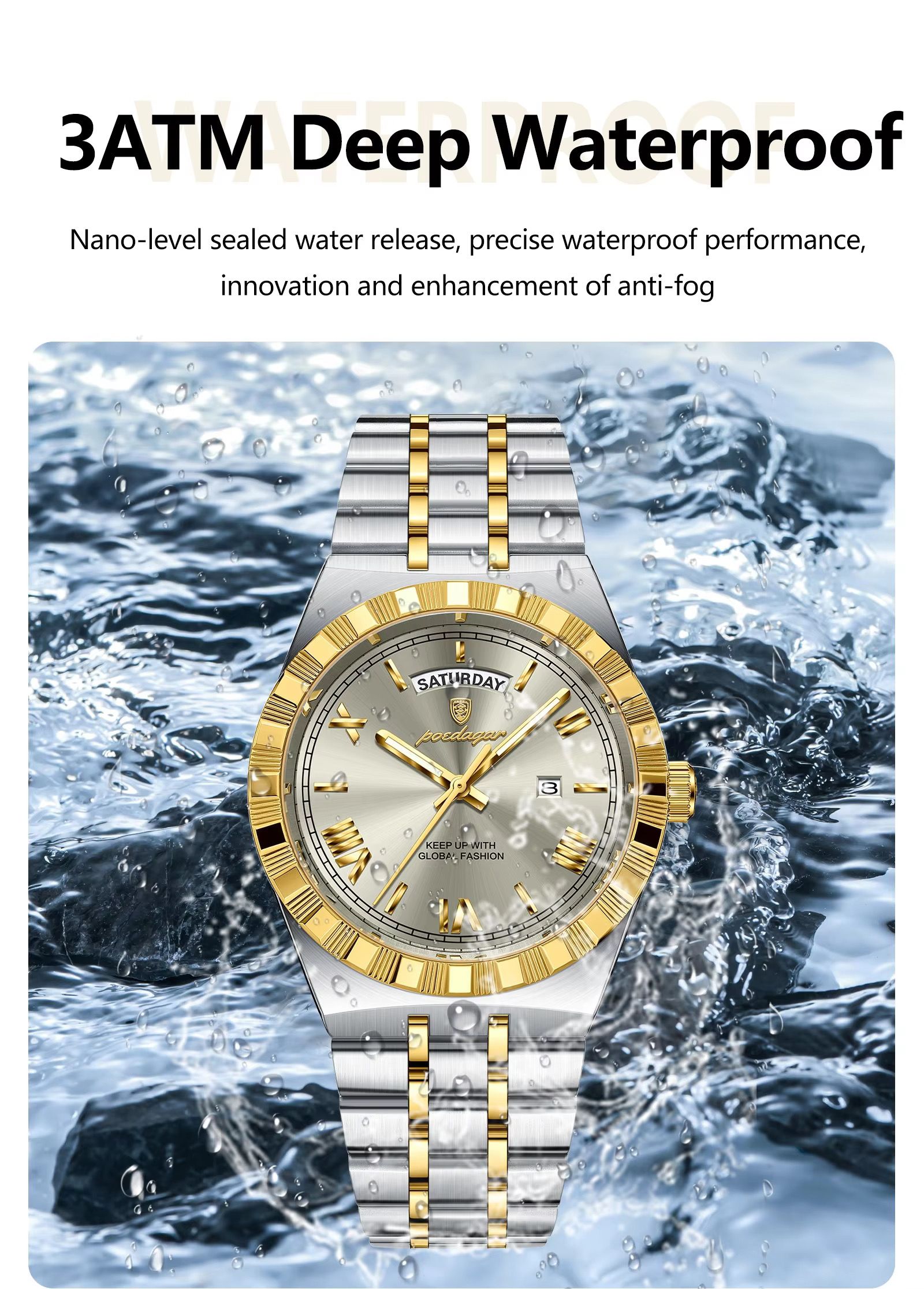 POEDAGAR 675 Men's Luxury Original Quartz Wristwatch Waterproof Luminous Montre Homme Stainless Steel Calendar Watch for Men