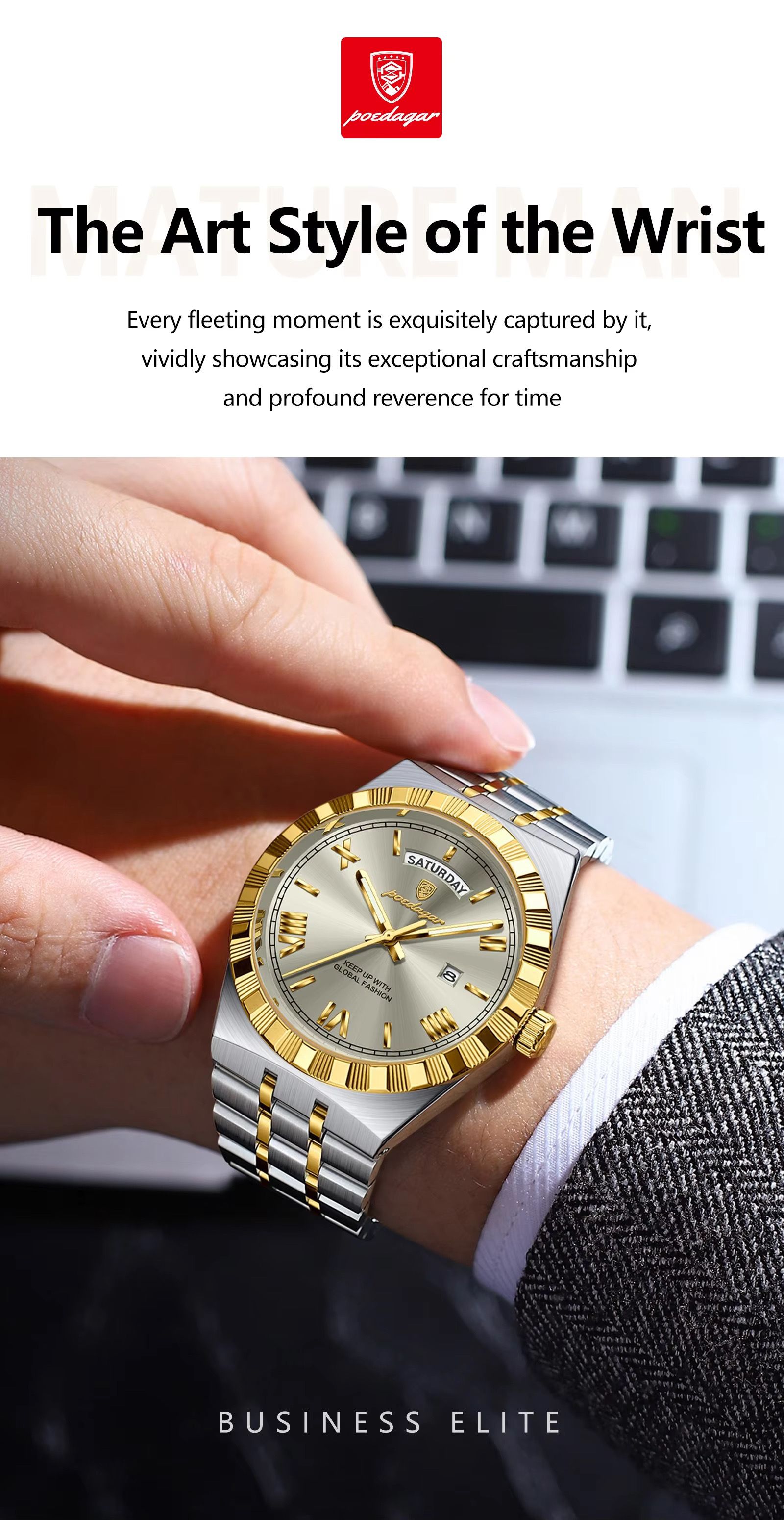 POEDAGAR 675 Men's Luxury Original Quartz Wristwatch Waterproof Luminous Montre Homme Stainless Steel Calendar Watch for Men