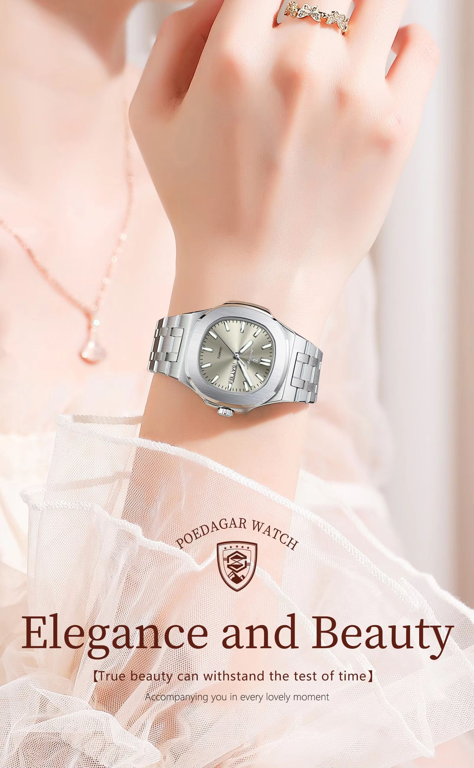 Poedagar 792 Luxury Elegant Stainless Steel Girl Reloj Waterproof Luminous Date Quartz Watch for Women