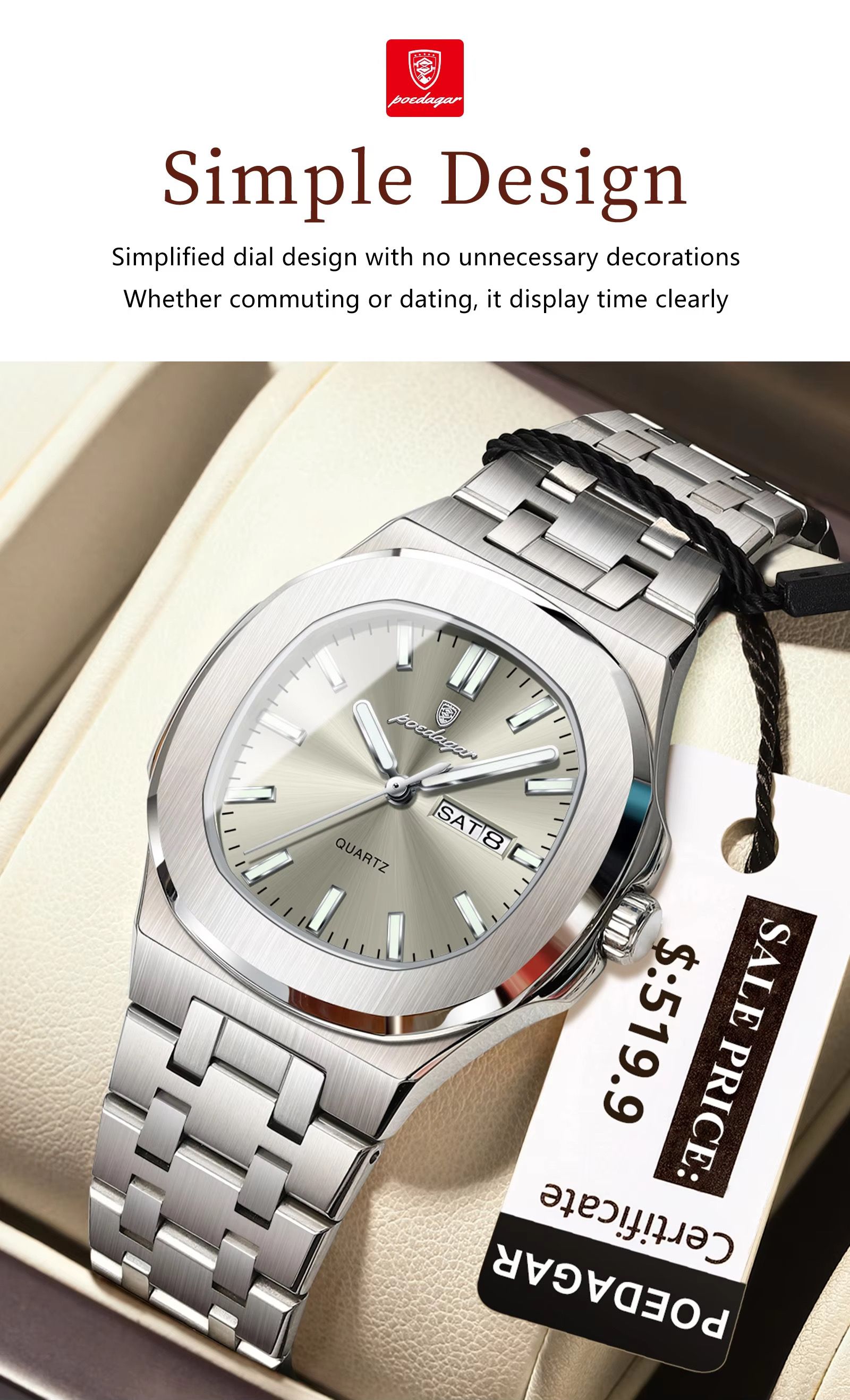 Poedagar 792 Luxury Elegant Stainless Steel Girl Reloj Waterproof Luminous Date Quartz Watch for Women
