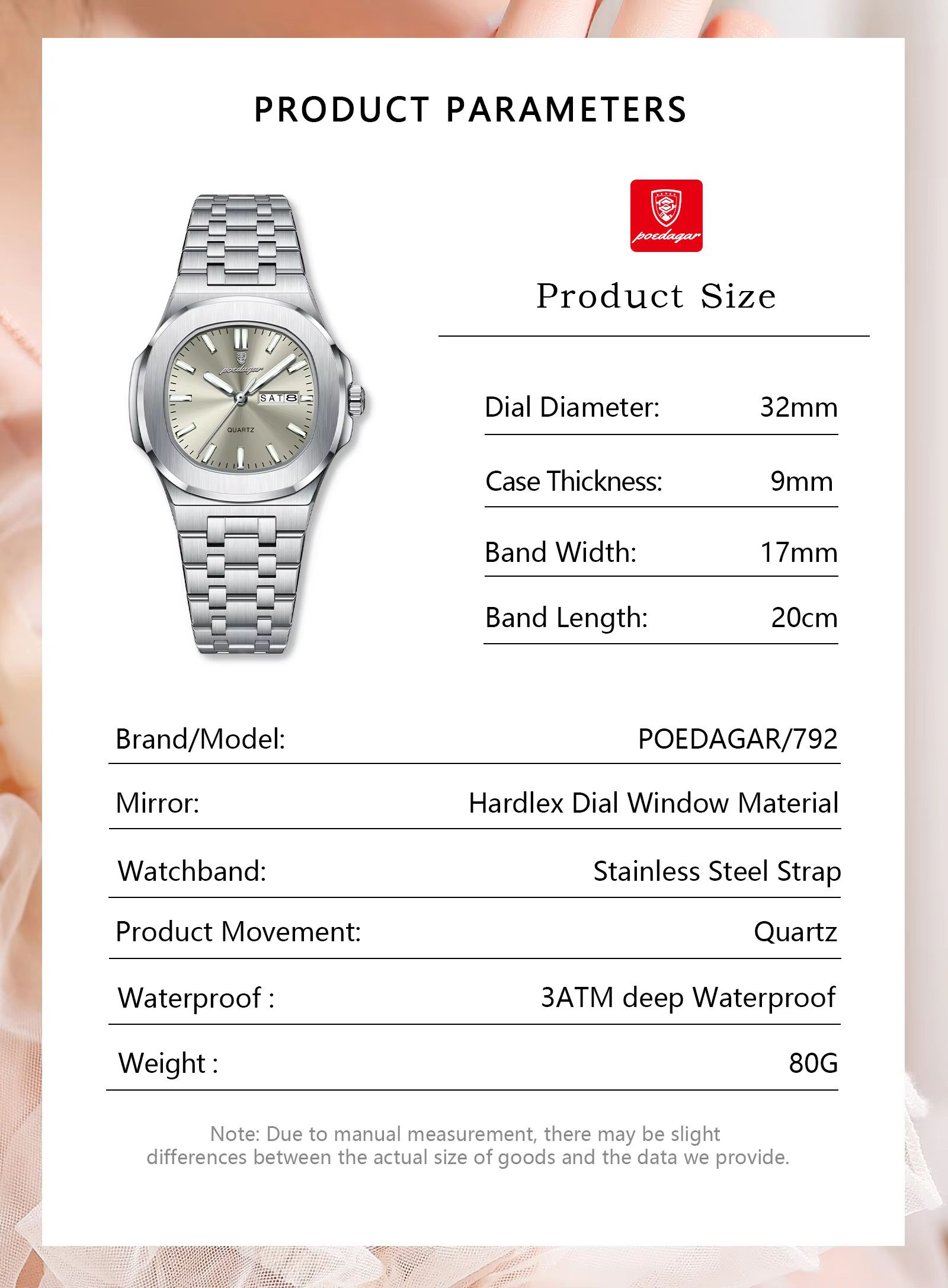 Poedagar 792 Luxury Elegant Stainless Steel Girl Reloj Waterproof Luminous Date Quartz Watch for Women