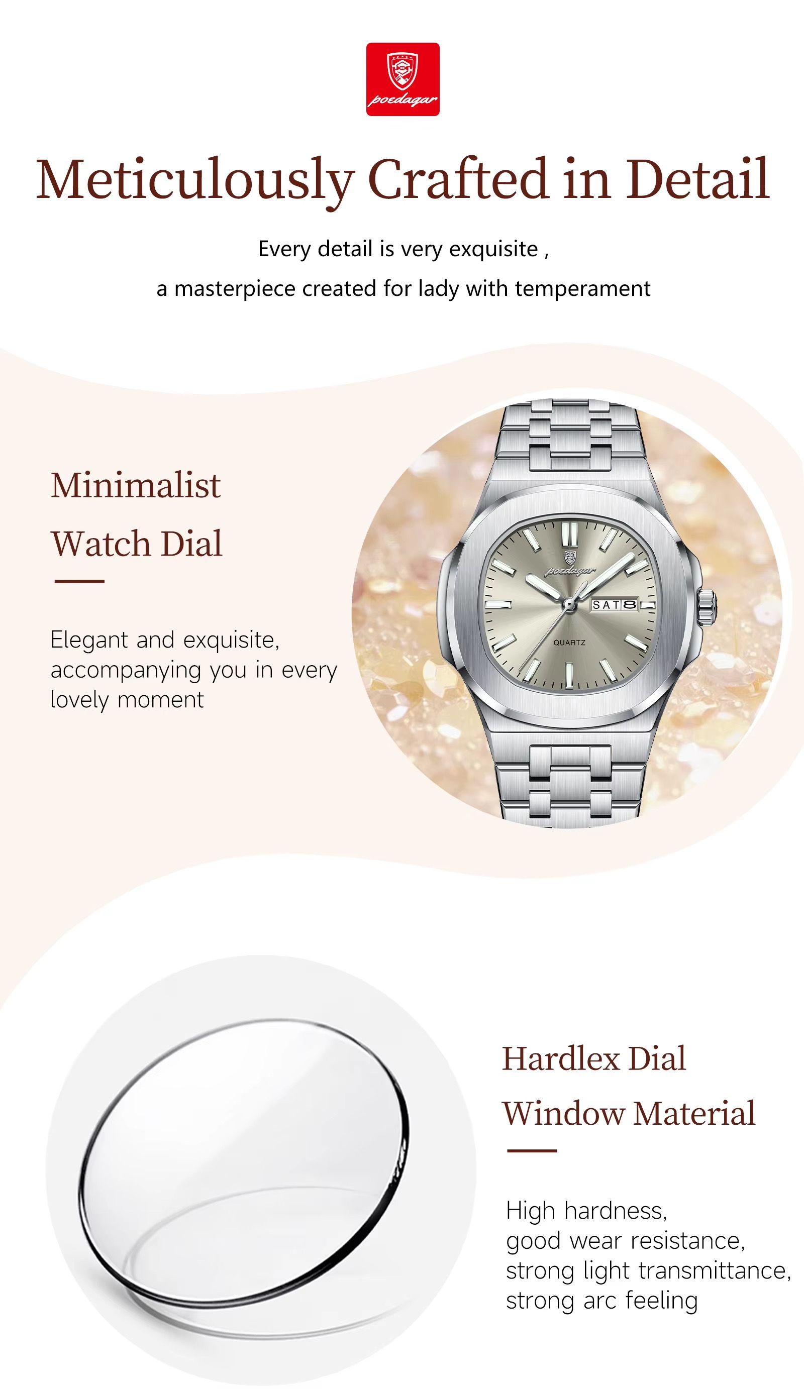 Poedagar 792 Luxury Elegant Stainless Steel Girl Reloj Waterproof Luminous Date Quartz Watch for Women