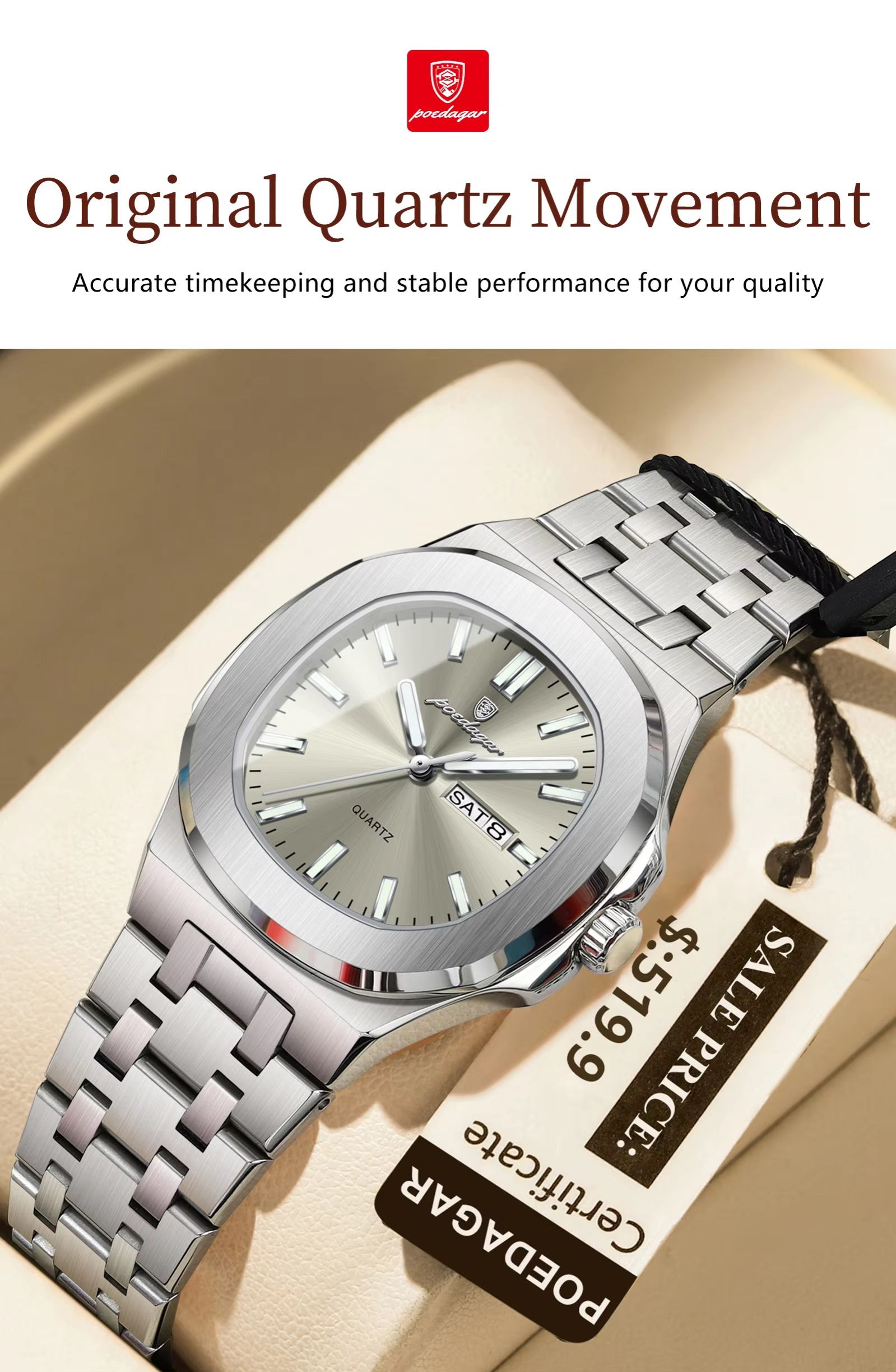 Poedagar 792 Luxury Elegant Stainless Steel Girl Reloj Waterproof Luminous Date Quartz Watch for Women