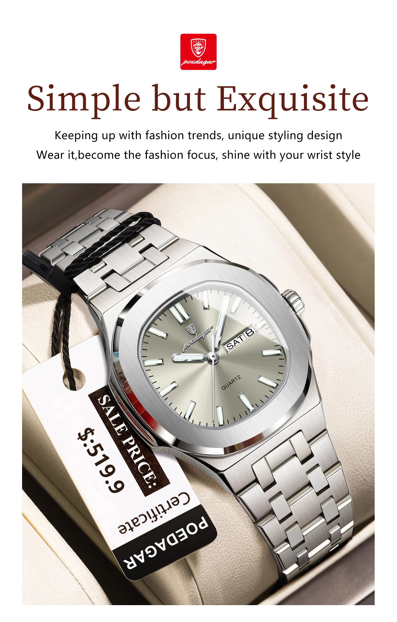 Poedagar 792 Luxury Elegant Stainless Steel Girl Reloj Waterproof Luminous Date Quartz Watch for Women